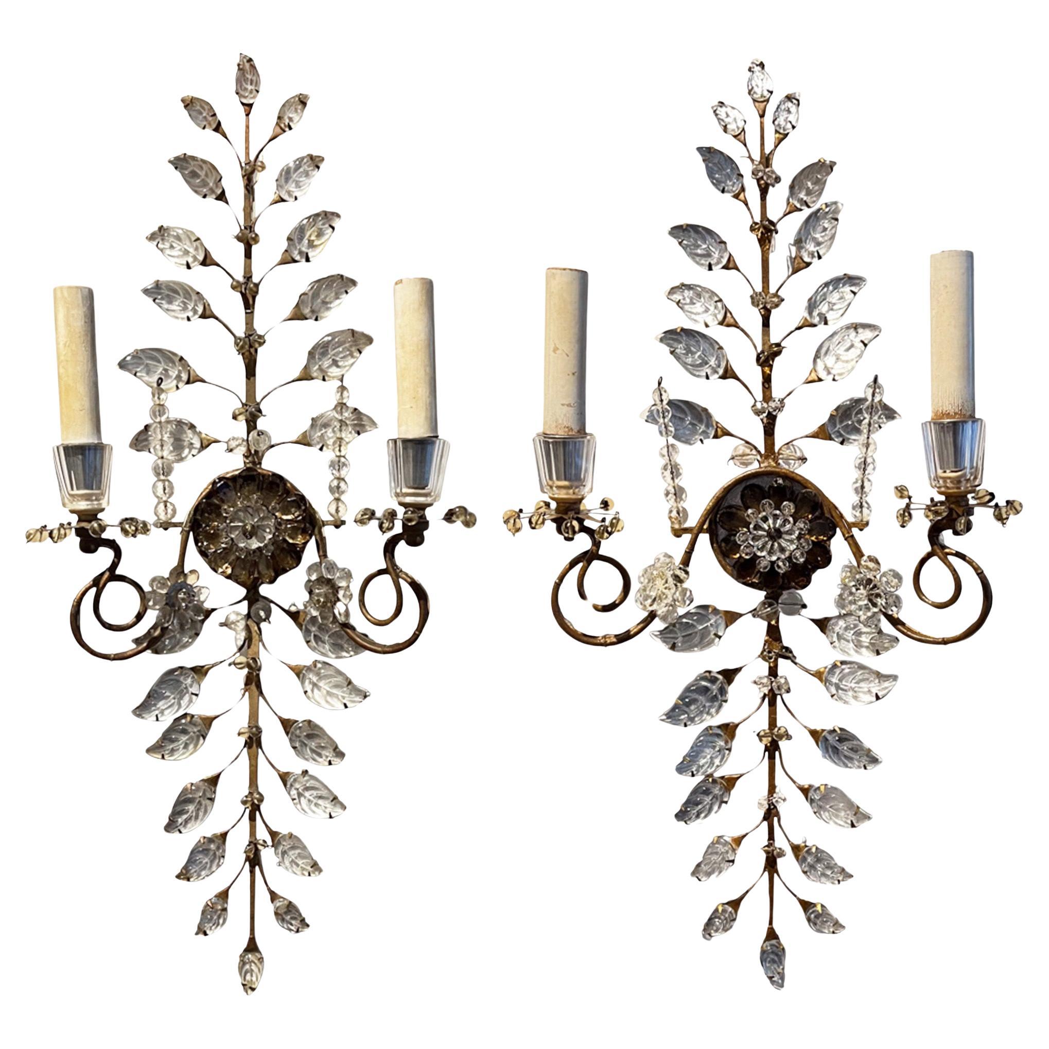 Large Pair of Maison Baguès Style Wall Sconces With Flowers and Leaves