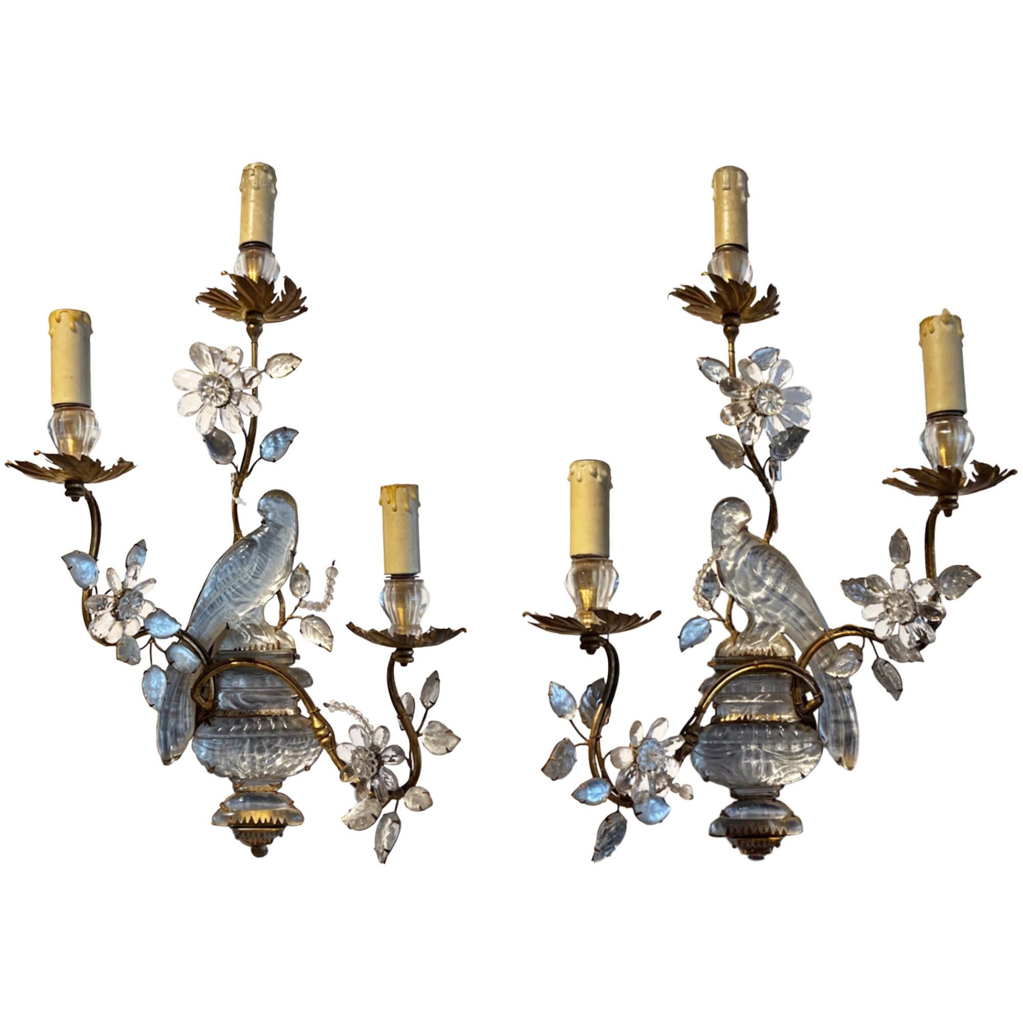 Large Pair of Maison Baguès Wall Sconces With Parrot, Urns & 3 Torches For Sale 2