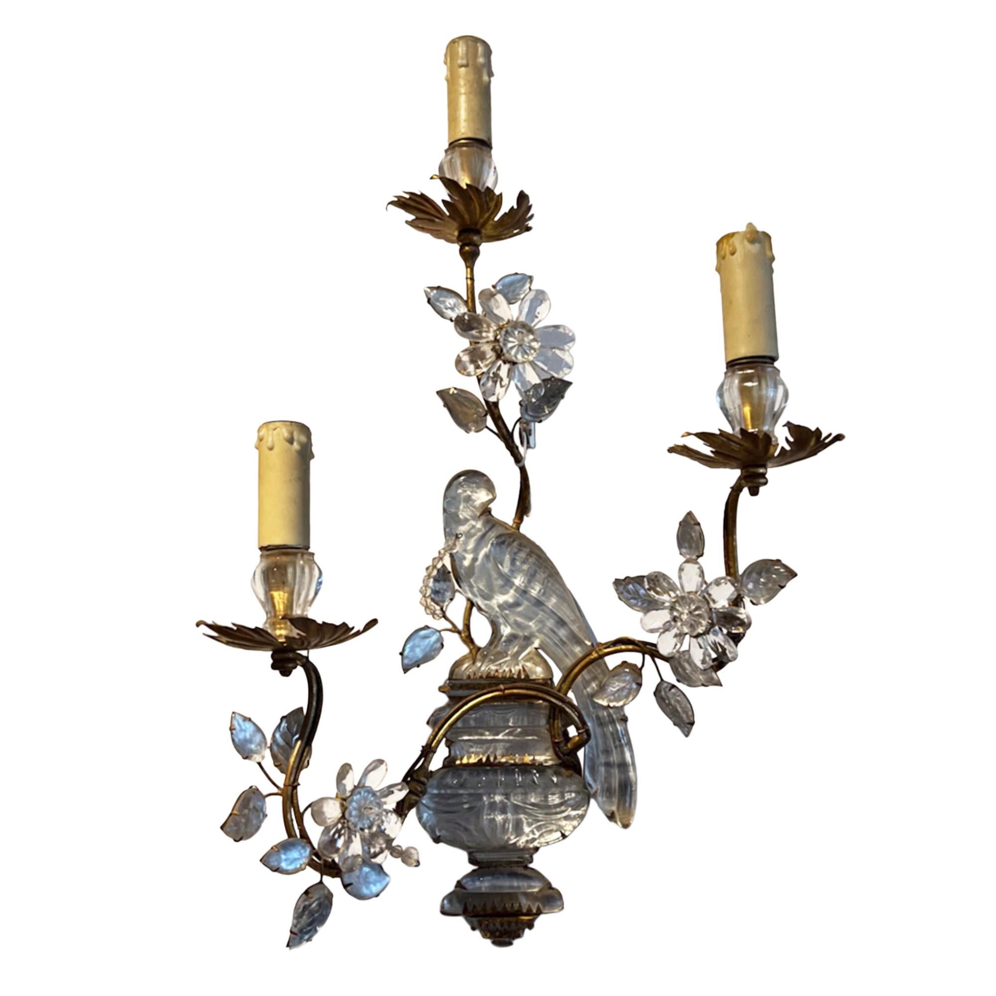 French Provincial Large Pair of Maison Baguès Wall Sconces With Parrot, Urns & 3 Torches For Sale
