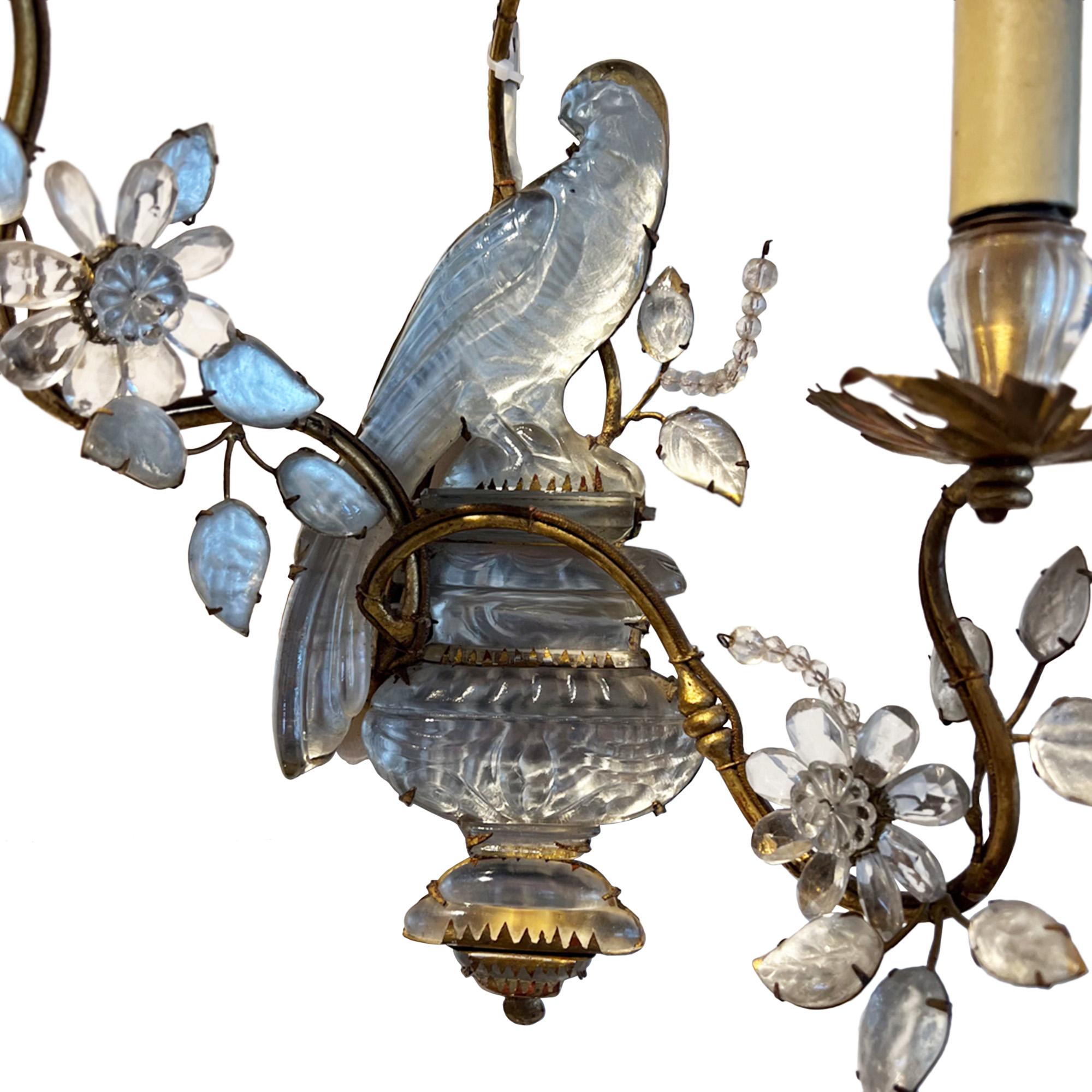 French Large Pair of Maison Baguès Wall Sconces With Parrot, Urns & 3 Torches For Sale