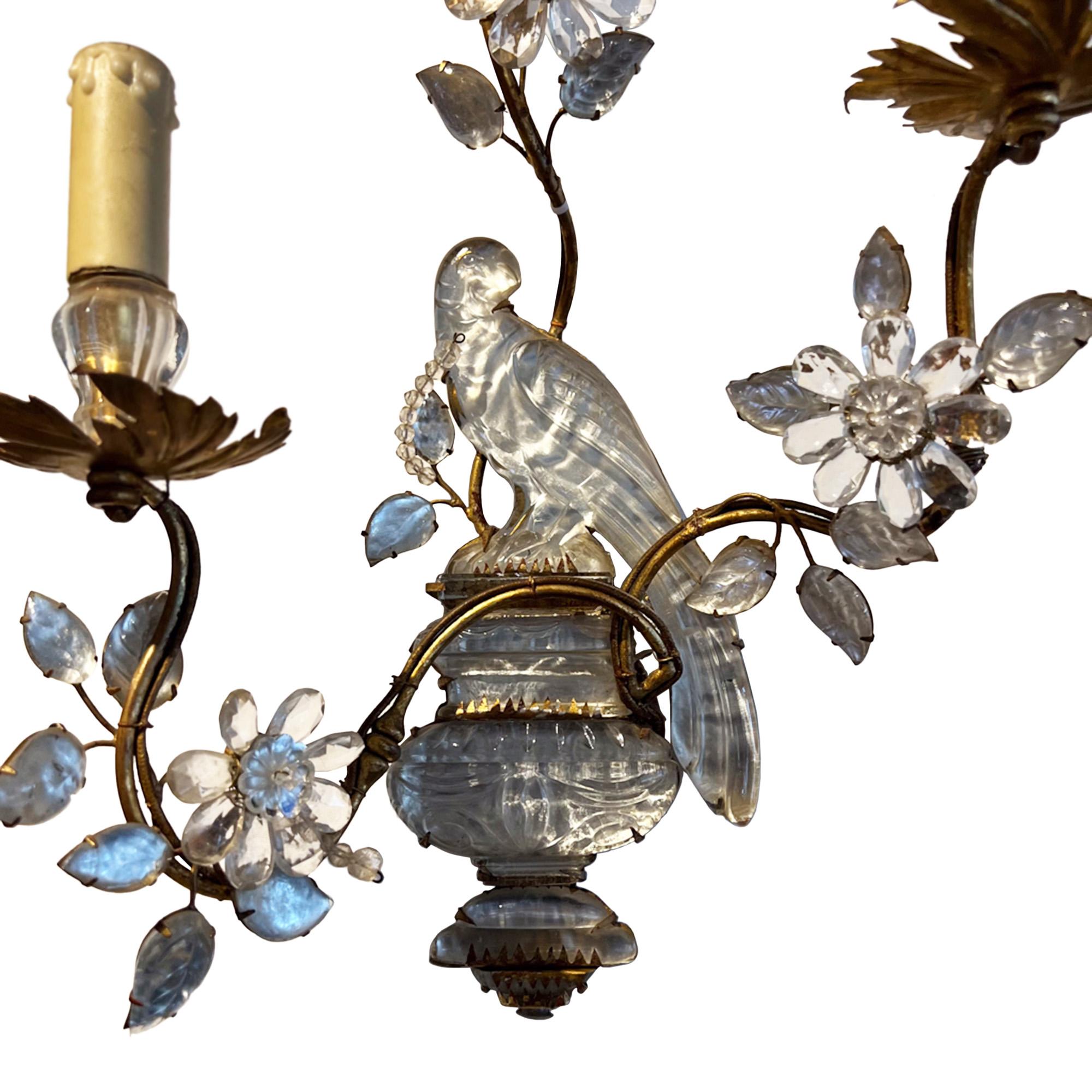 Hand-Crafted Large Pair of Maison Baguès Wall Sconces With Parrot, Urns & 3 Torches For Sale