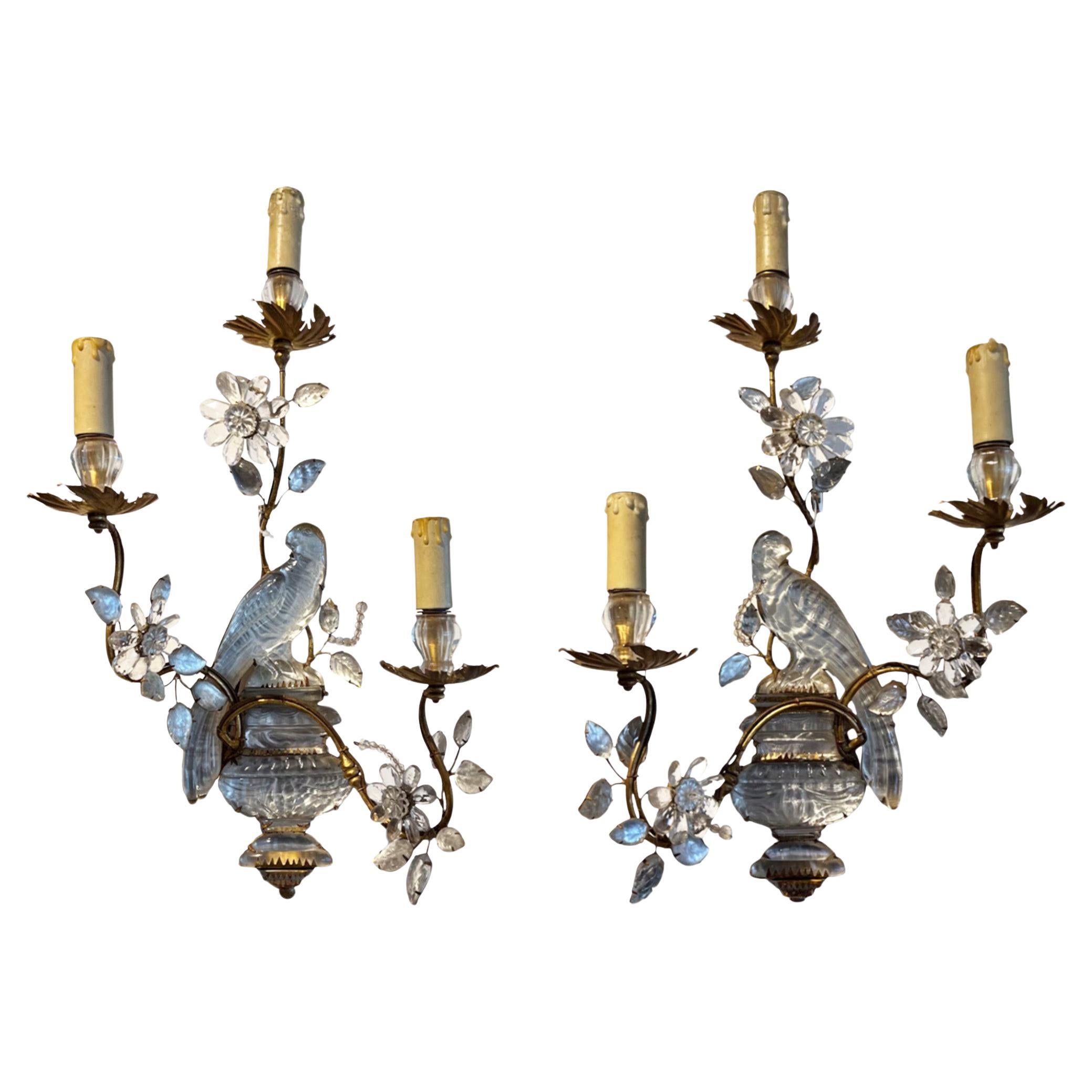 Large Pair of Maison Baguès Wall Sconces With Parrot, Urns & 3 Torches For Sale