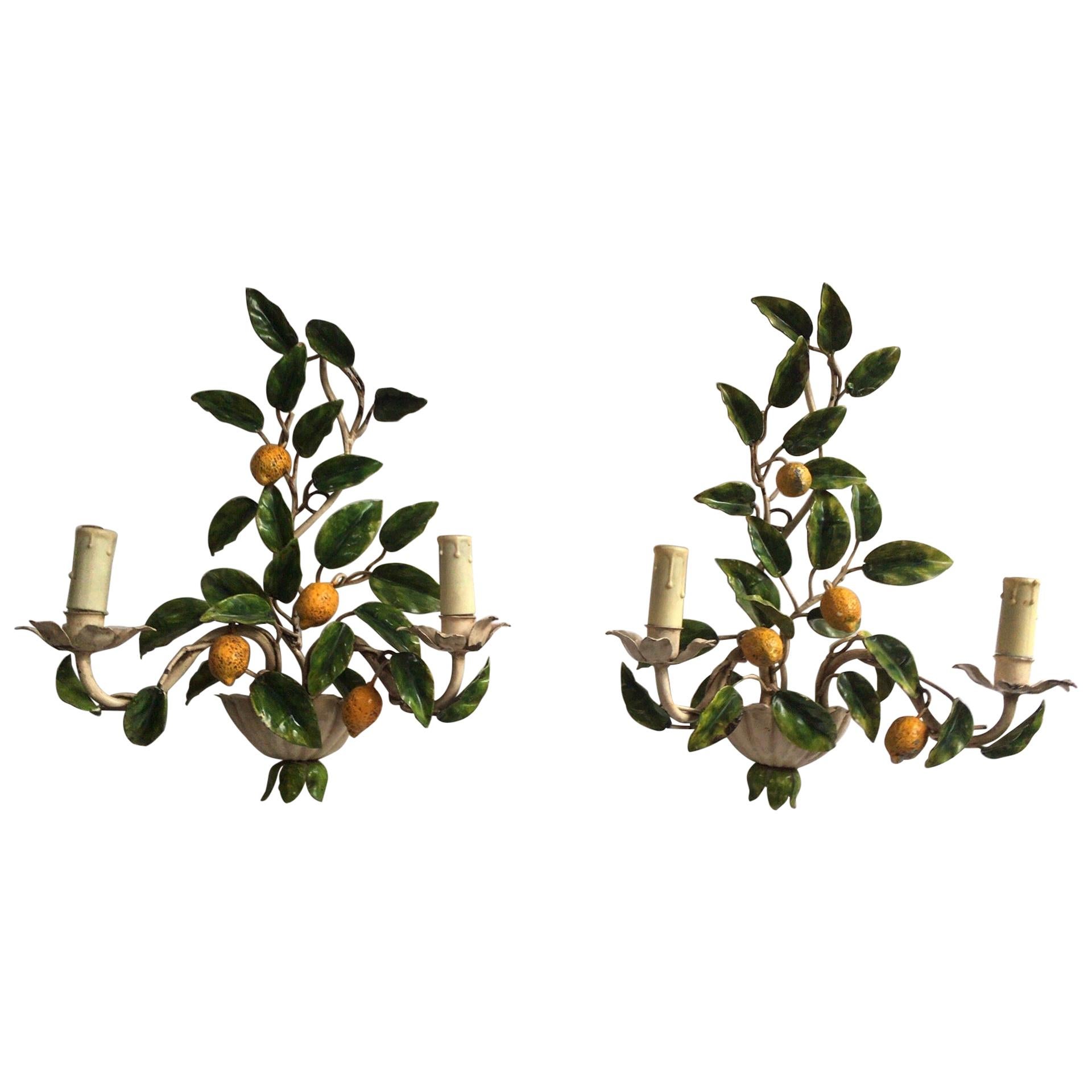 Large Pair of Maison Honore Lemon and Leaves Sconces