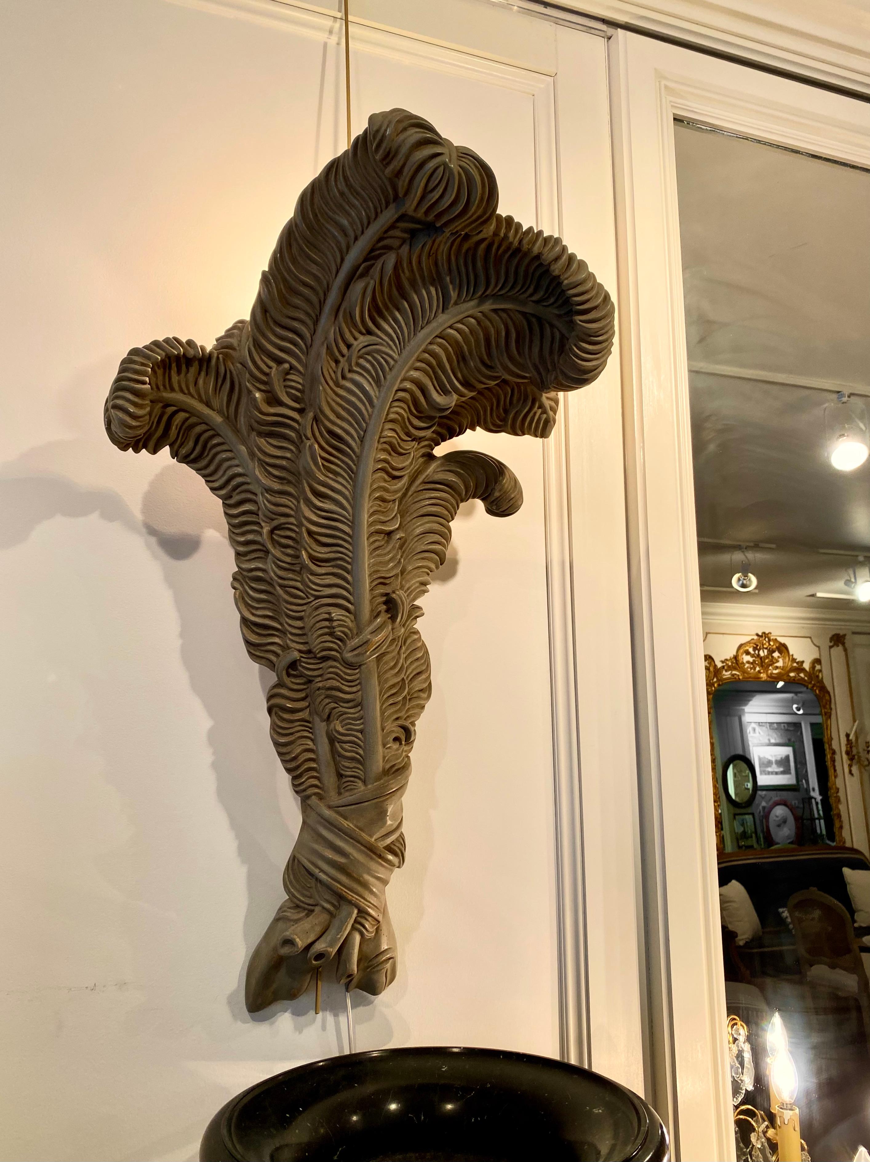 20th Century Large Pair of Maison Jansen Feather Sconces, Wood and Plaster, Trianon Grey For Sale