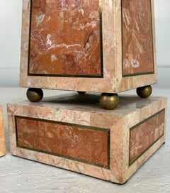Large pair of Maitland Smith Tessellated Coral Stone & Brass Inlaid Obelisks
