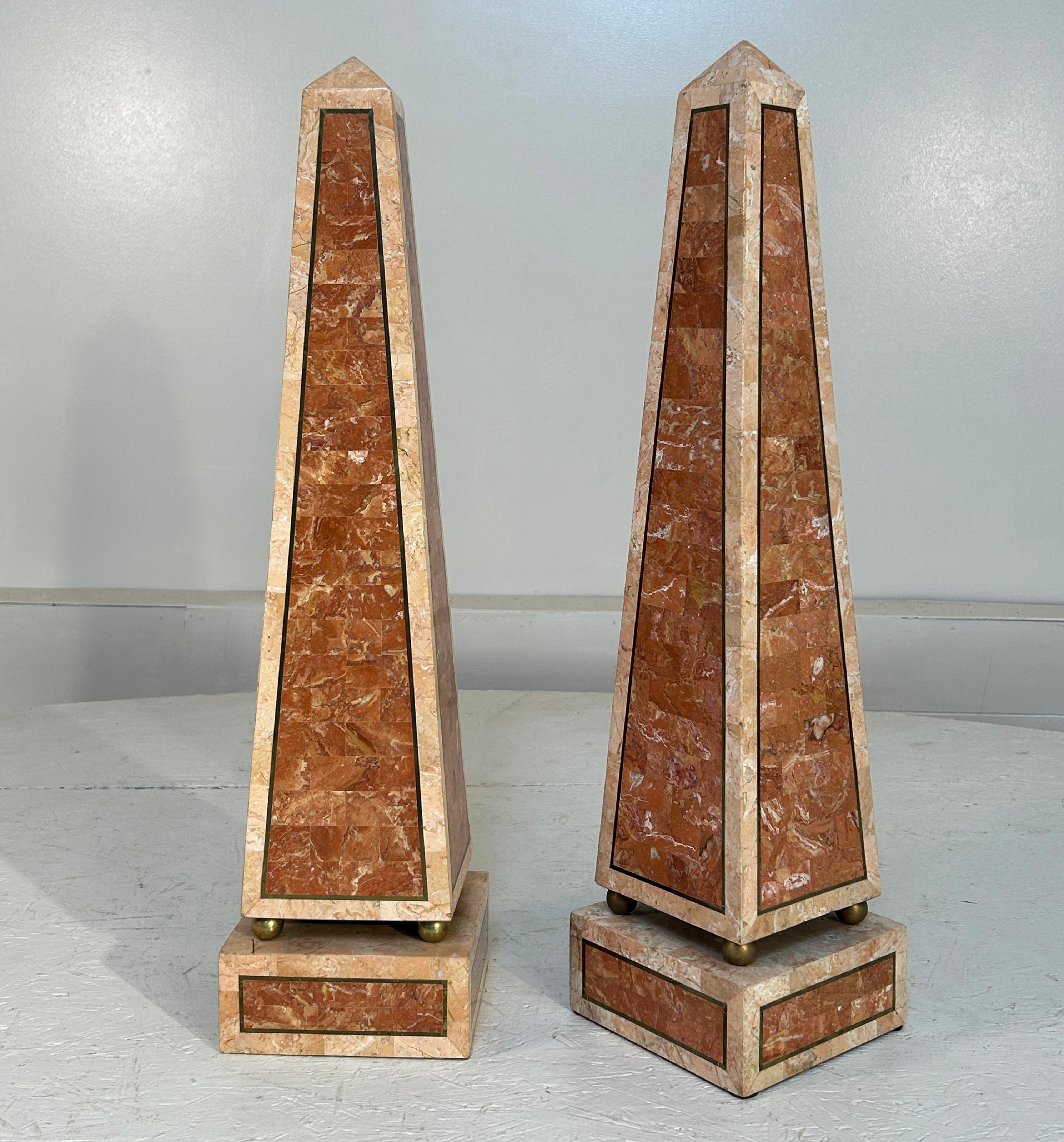 Large pair of Maitland Smith Tessellated Coral Stone & Brass Inlaid Obelisks In Excellent Condition For Sale In South Charleston, WV