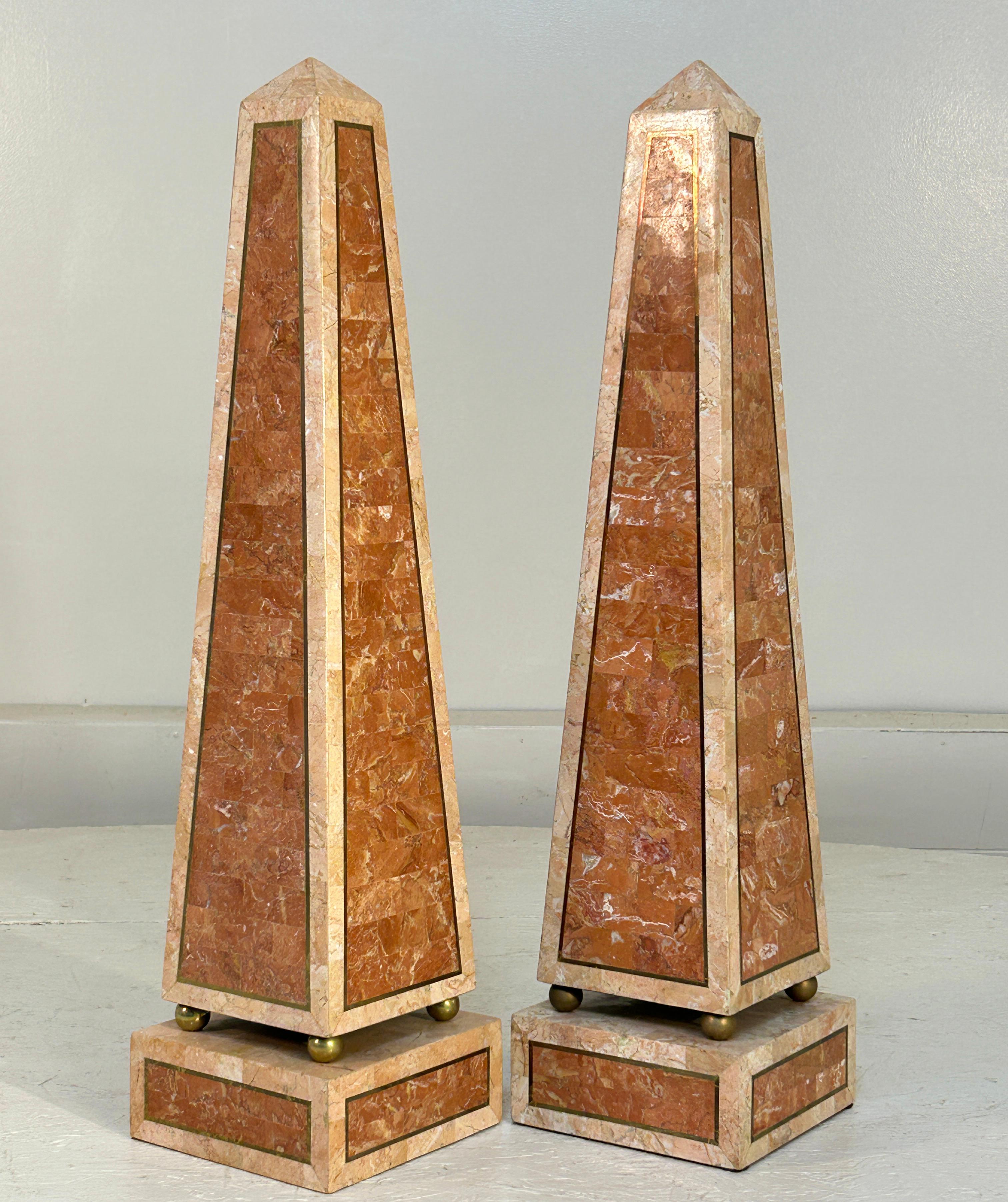 Large pair of Maitland Smith Tessellated Coral Stone & Brass Inlaid Obelisks For Sale 1
