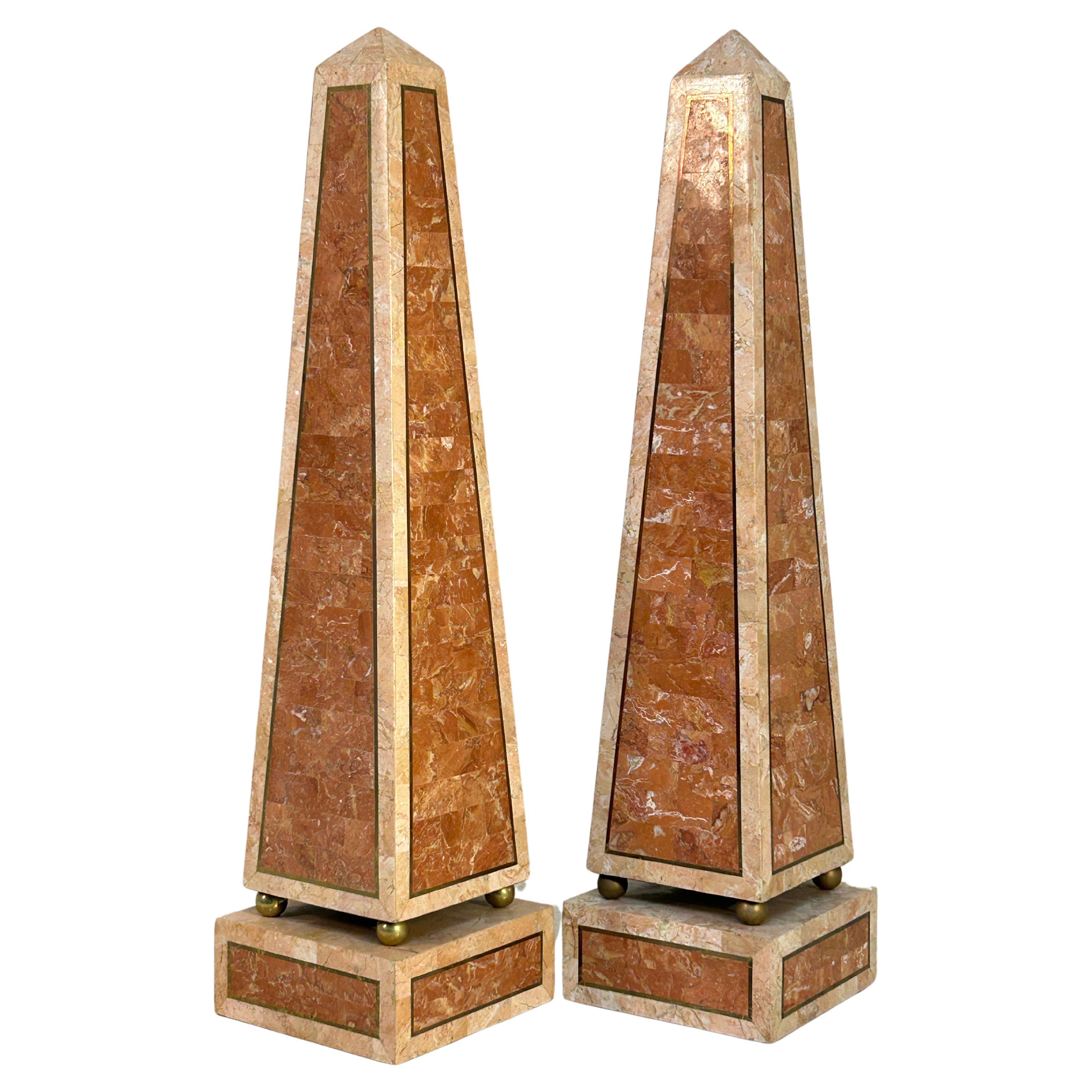 Large pair of Maitland Smith Tessellated Coral Stone & Brass Inlaid Obelisks