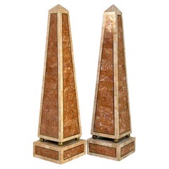 Large pair of Maitland Smith Tessellated Coral Stone & Brass Inlaid Obelisks
