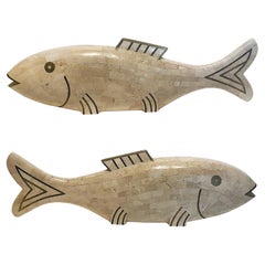 Large Pair of Maitland Smith Tessellated Stone, Brass Fish