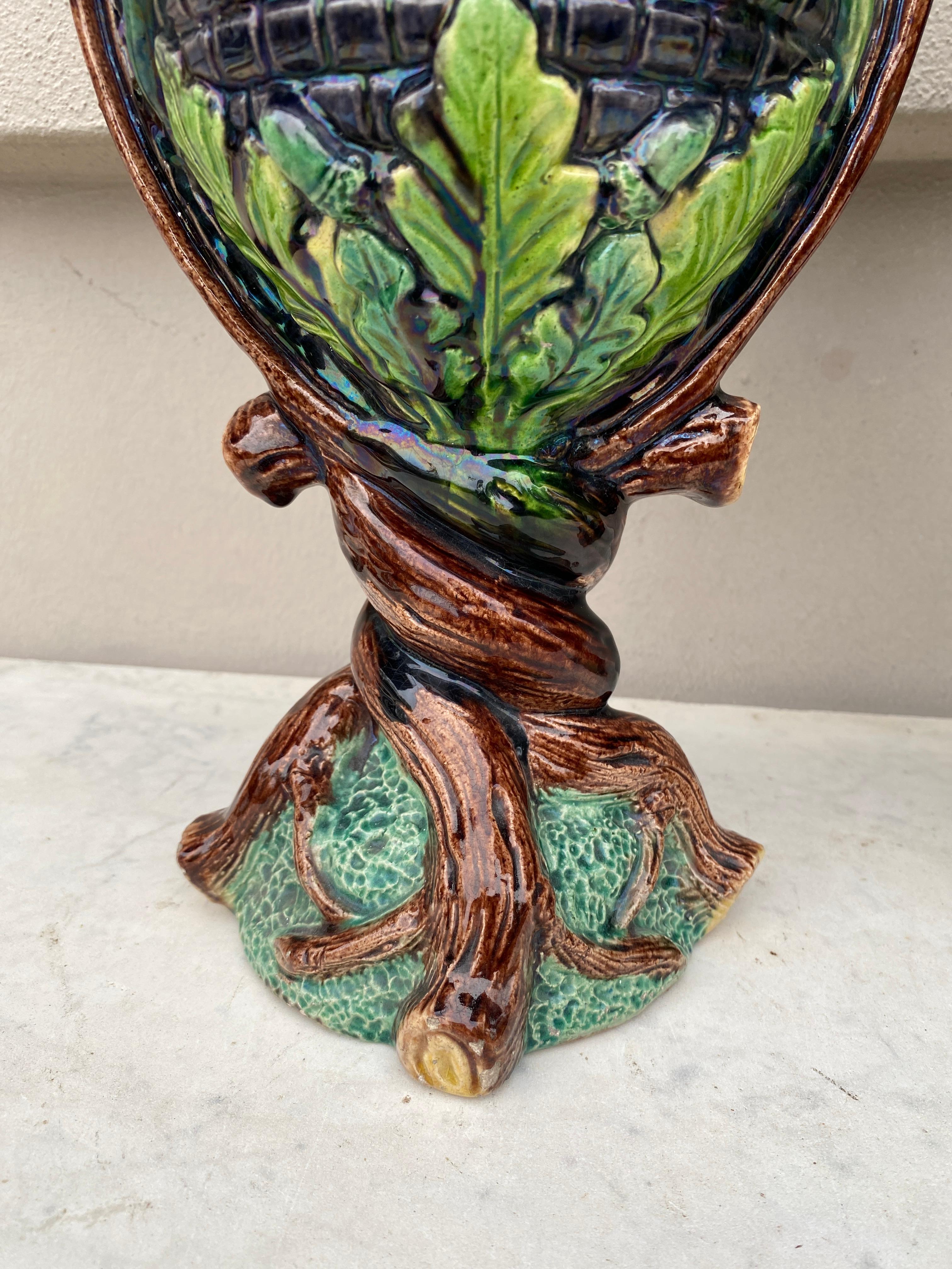 Late 19th Century Large Pair of Majolica Palissy Oak Leaves Vases circa 1880 For Sale
