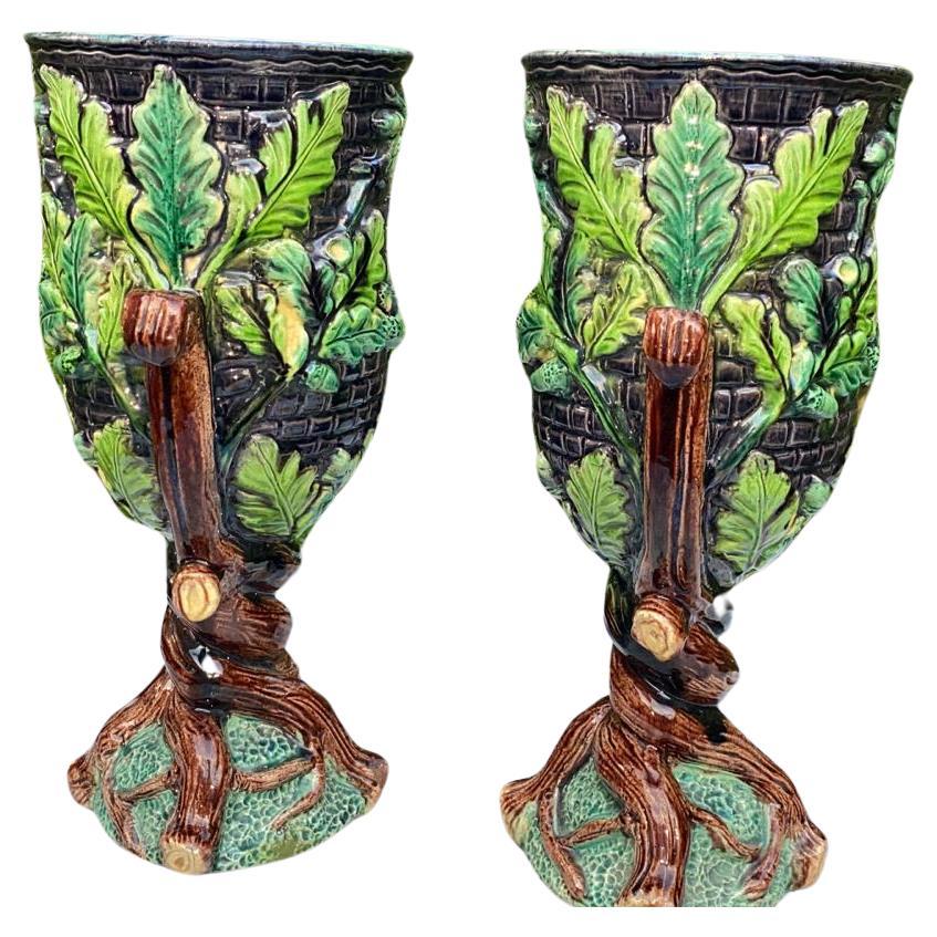 French Large Pair of Majolica Palissy Oak Leaves Vases circa 1880 For Sale
