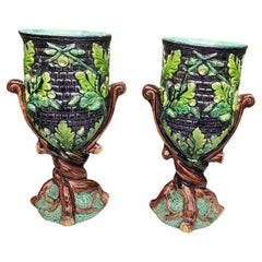 Large Pair of Majolica Palissy Oak Leaves Vases circa 1880