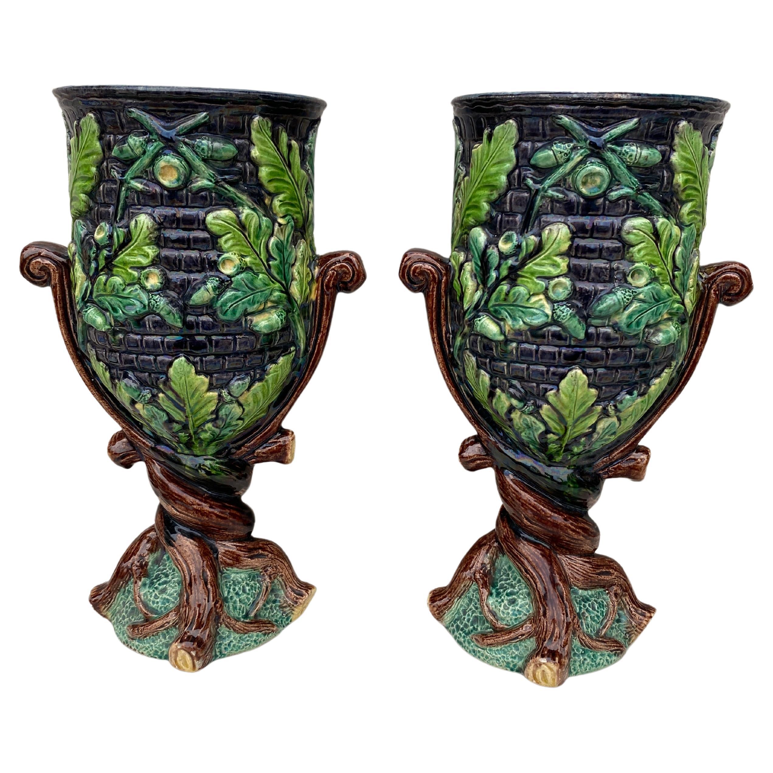 Large Pair of Majolica Palissy Oak Leaves Vases circa 1880 For Sale