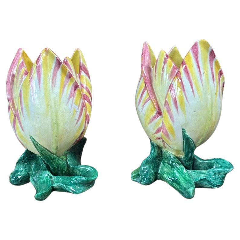 Large Pair of Majolica Tulip Vases Jerome Massier, circa 1900