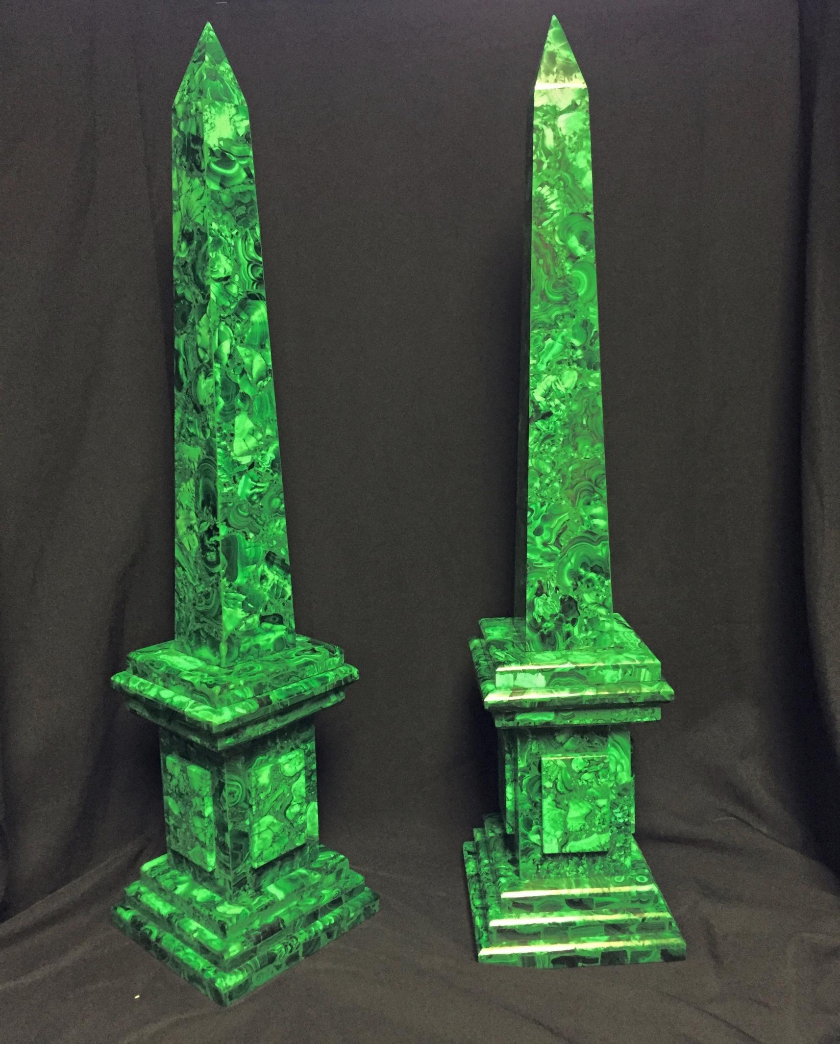Large pair of beautiful malachite veneered obelisks with three stepped bases.