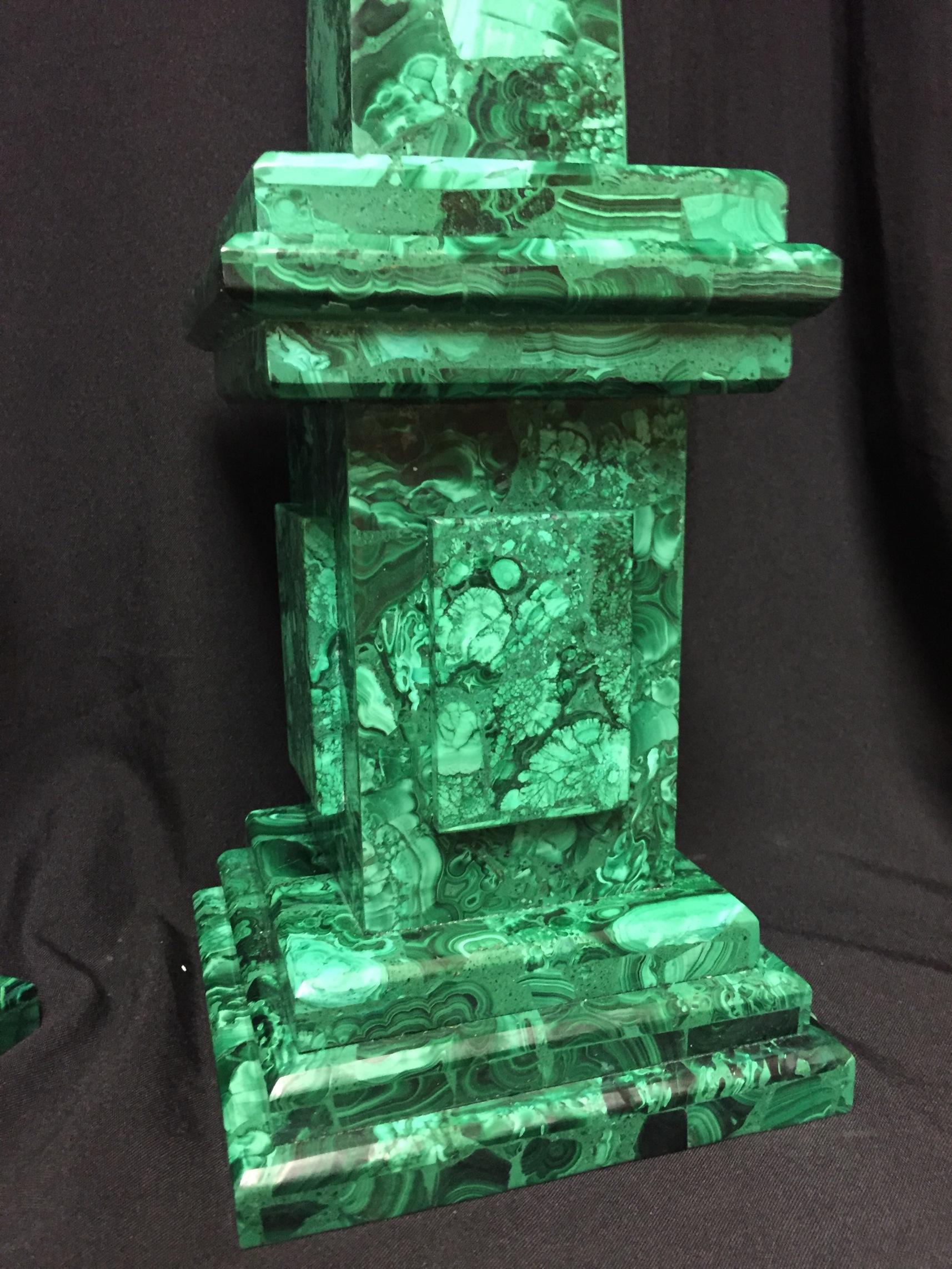 Large Pair of Malachite Veneered Obelisks  In Excellent Condition In Cypress, CA