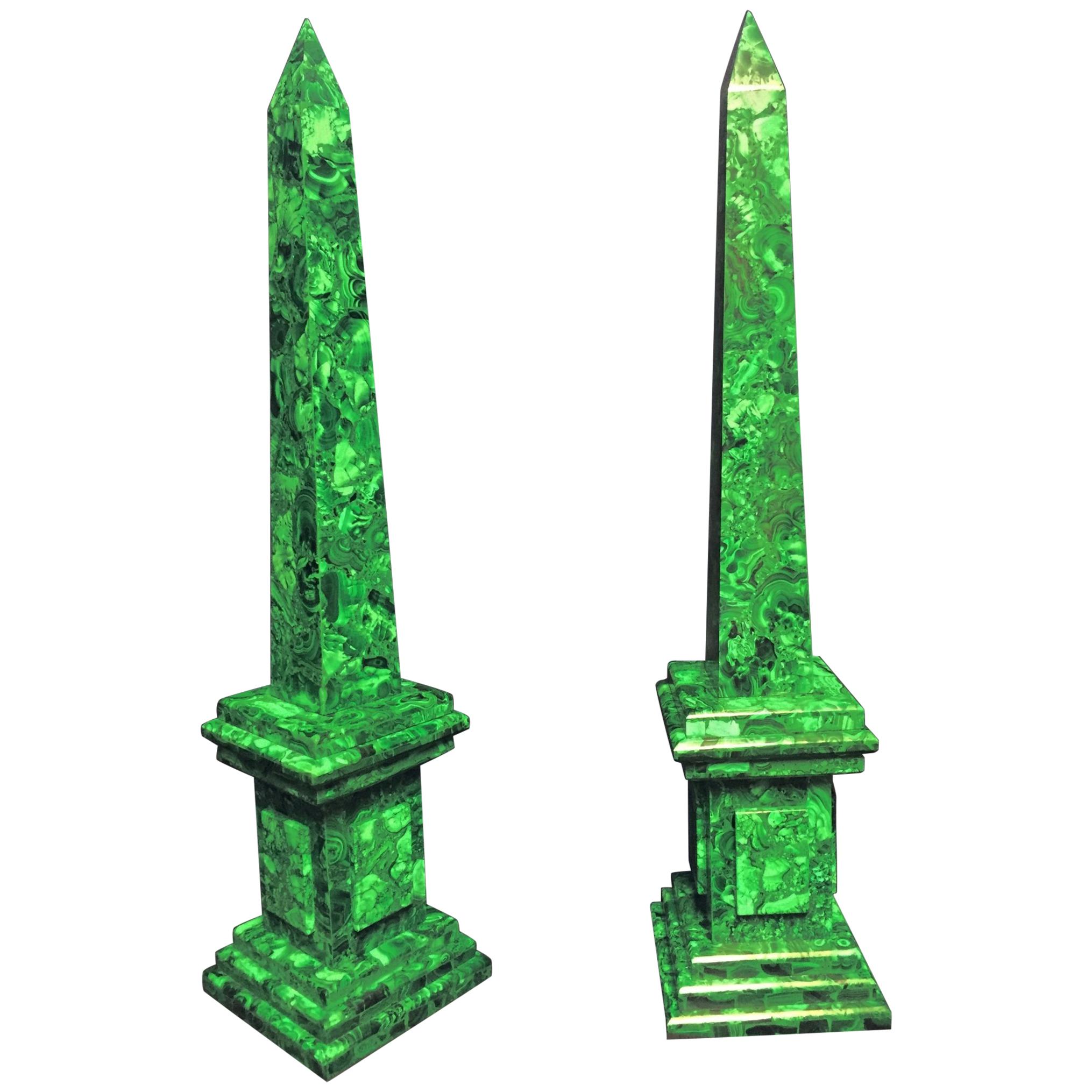 Large Pair of Malachite Veneered Obelisks 