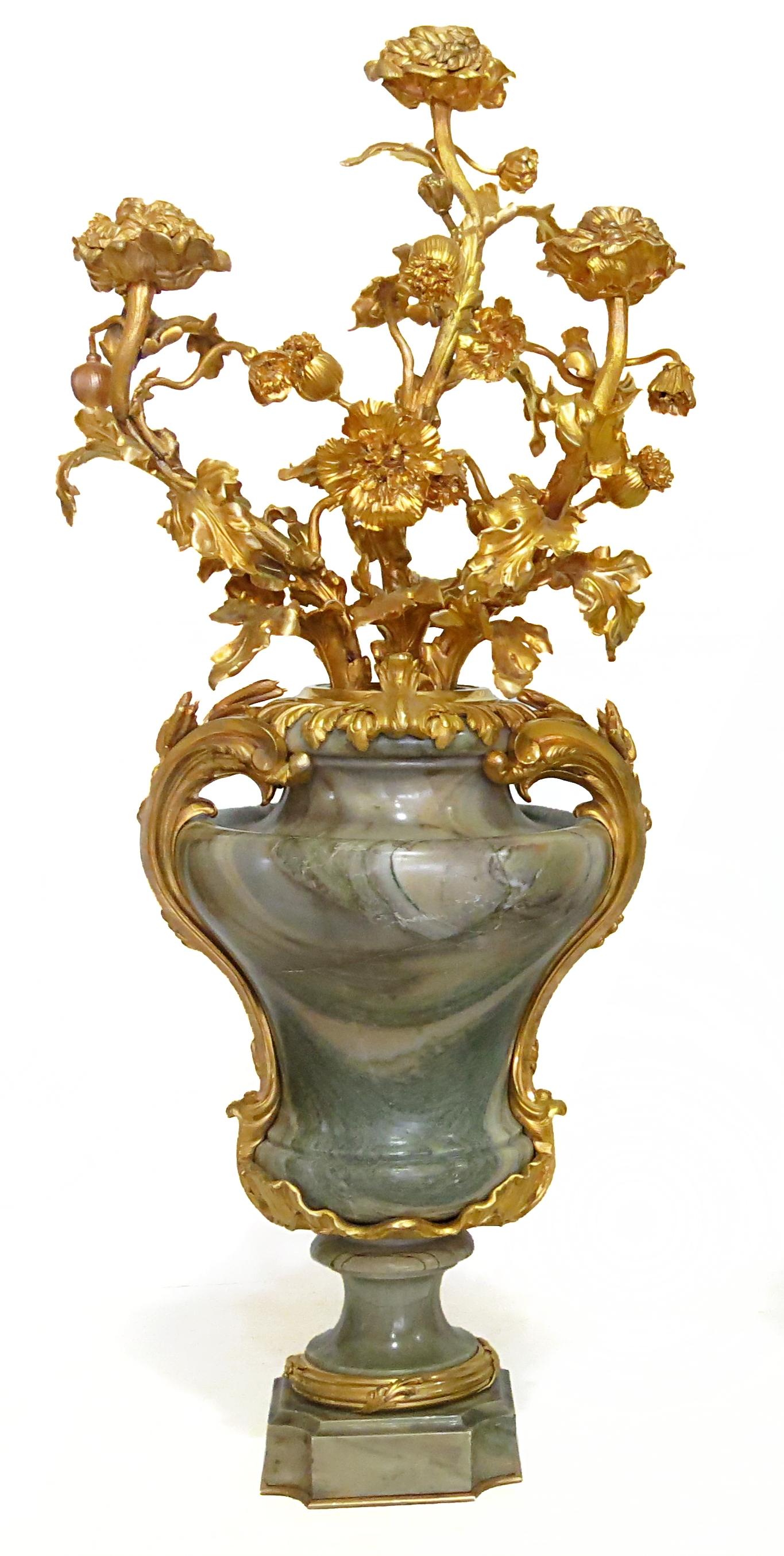 Large Cipolin marble vase topped with three light candelabras, last quarter of 19th century. gilt bronze mounted baluster vases, decorated with plants. High quality work, characteristic of Maison Millet in Paris. Cipolin marble is a variety of
