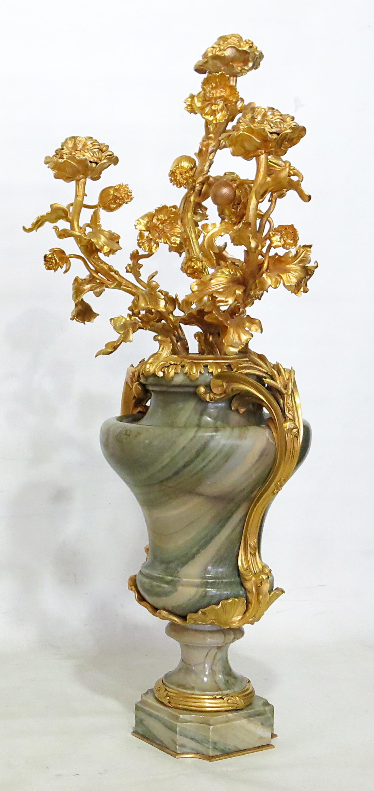 Gilt Large Pair of Marble Mounted Bronze Vases, Maison Millet in Paris For Sale