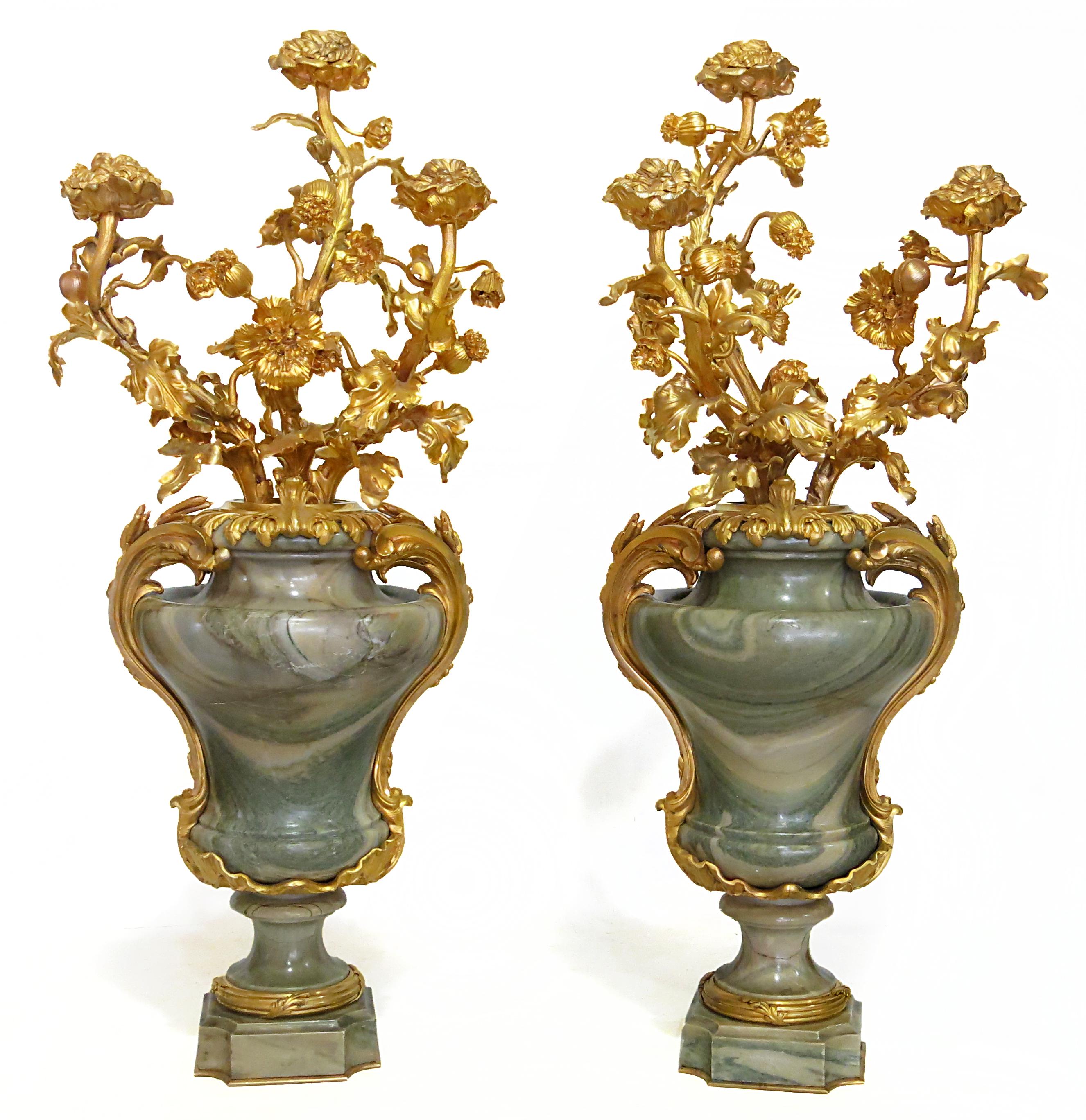 Large Pair of Marble Mounted Bronze Vases, Maison Millet in Paris For Sale