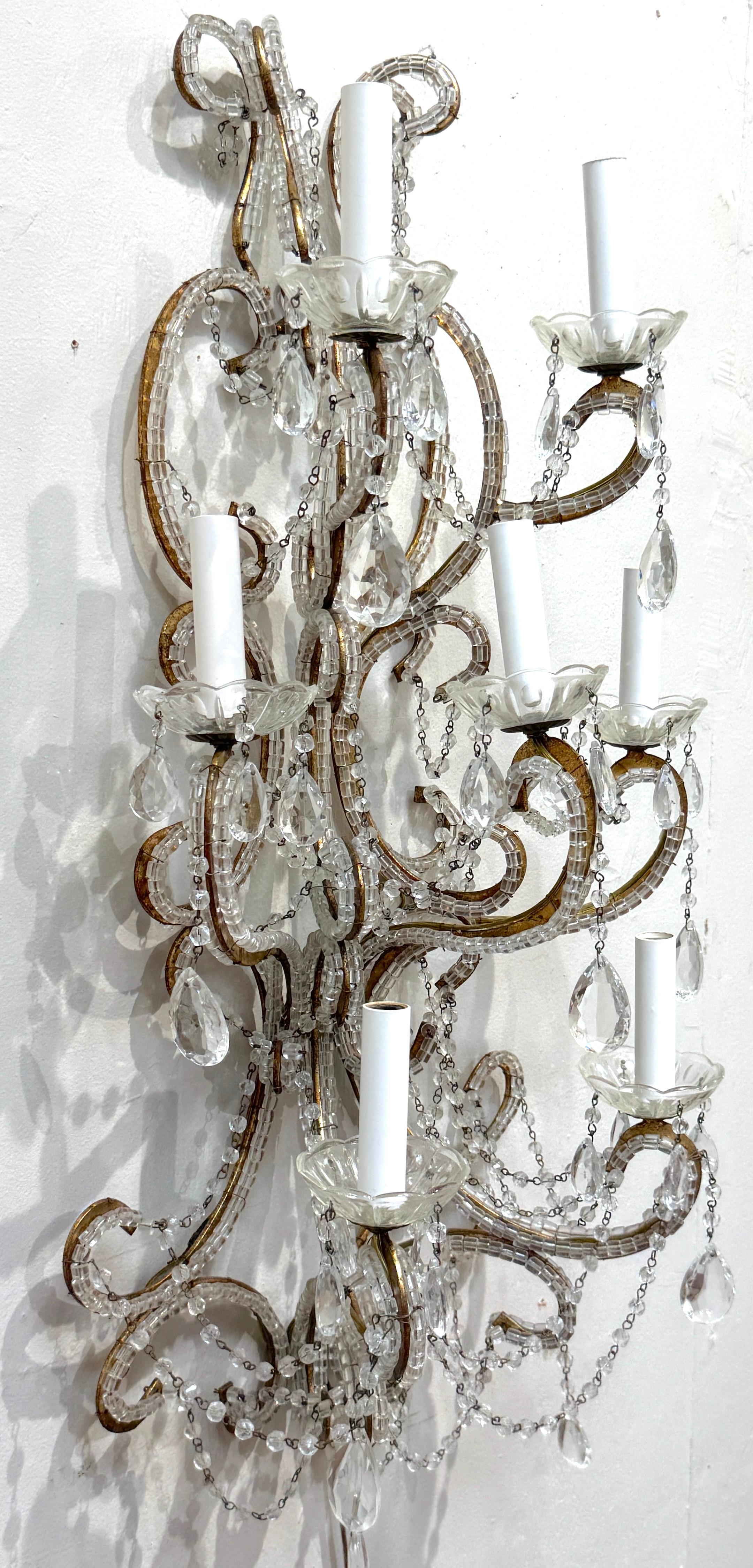 Grande paire d'appliques murales à 7 lumières en cristal de style Marie-Thérèse, Italie, vers 1950 en vente 7