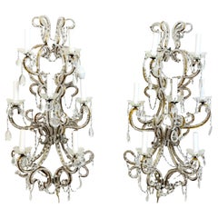 Large Pair of Maria Theresa Style Crystal 7-Light Wall Sconces, Italy Circa 1950
