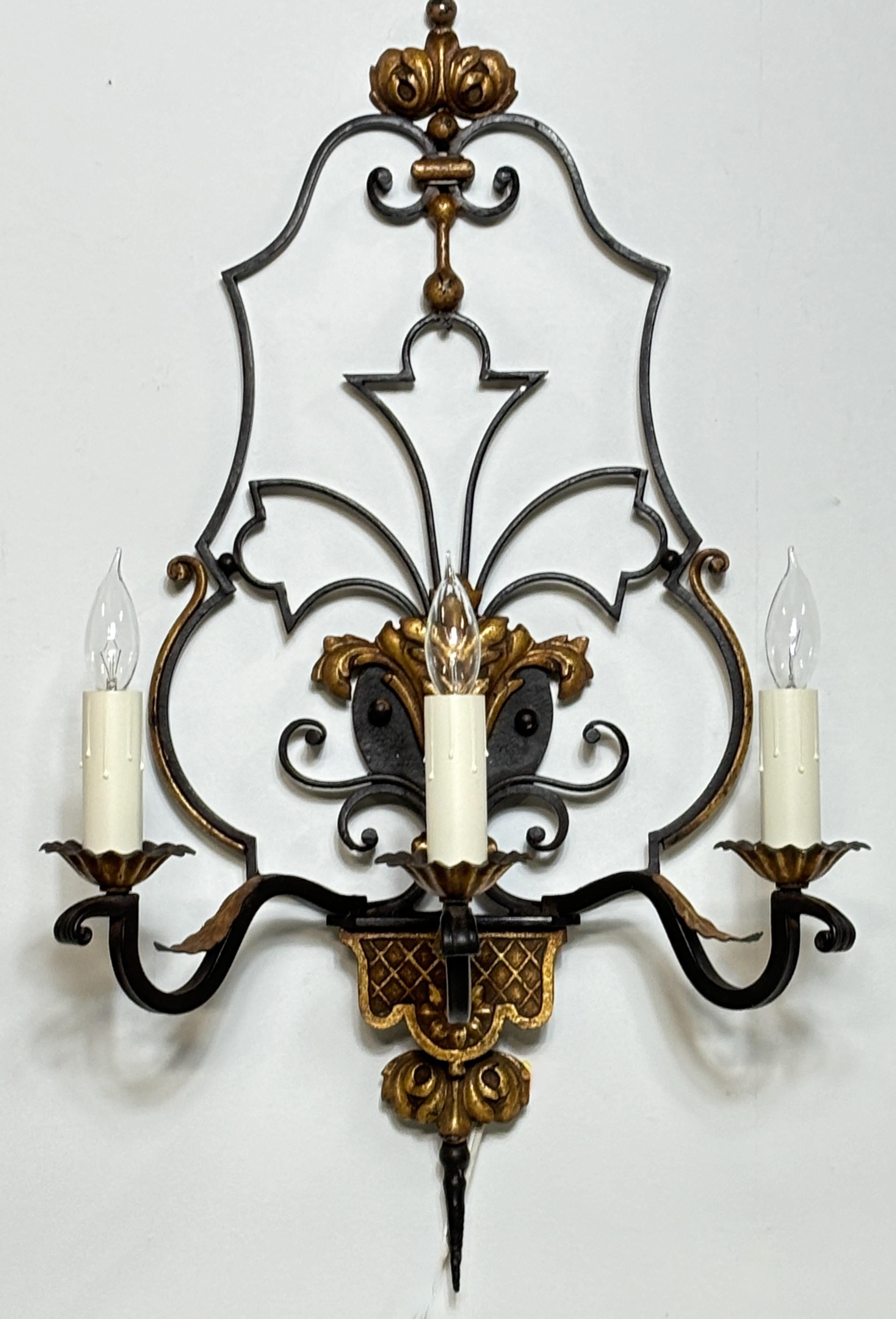 International Style Large Pair of Mediterranean Style Wrought Iron Sconces For Sale