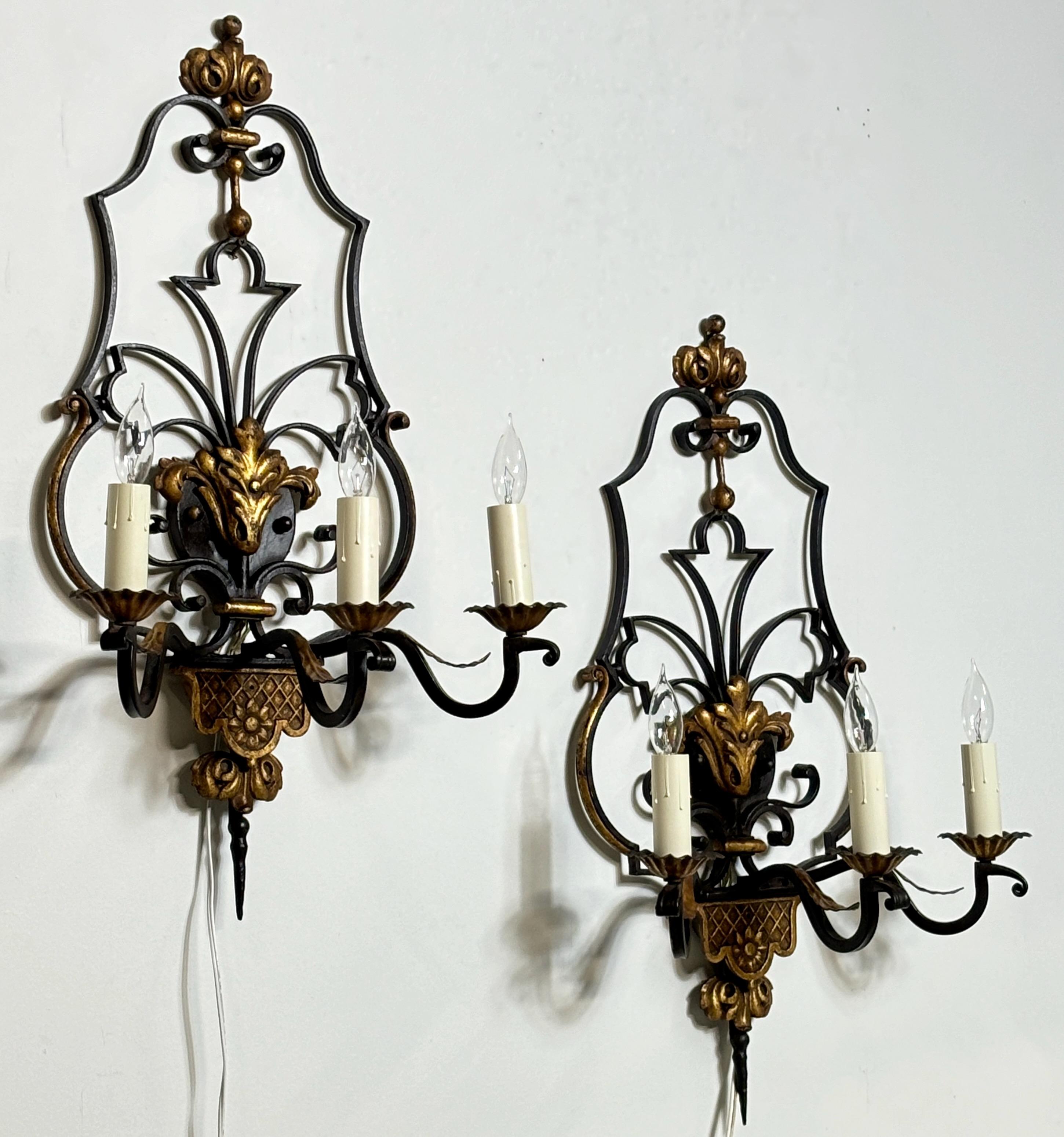American Large Pair of Mediterranean Style Wrought Iron Sconces For Sale