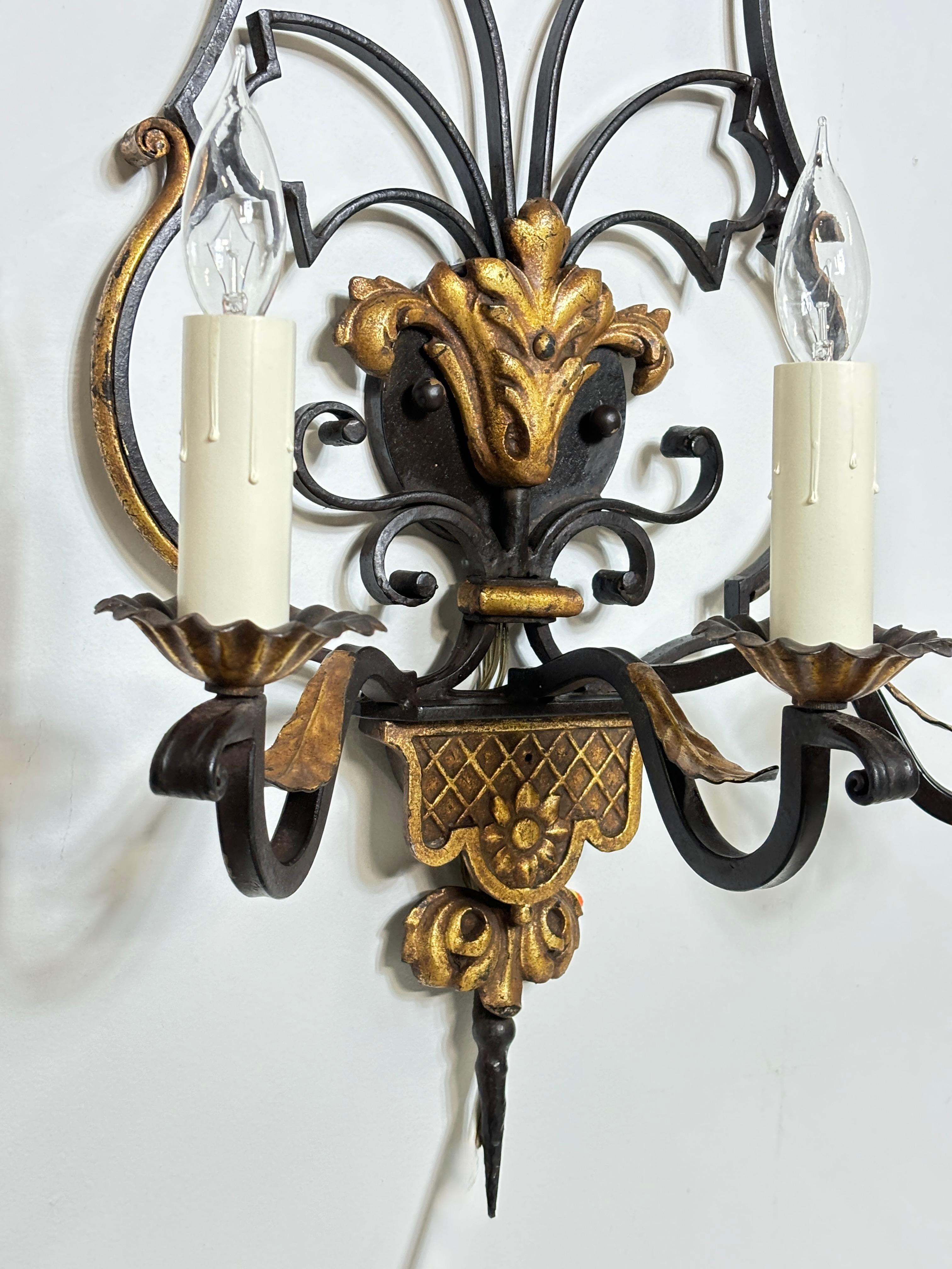 Large Pair of Mediterranean Style Wrought Iron Sconces In Good Condition For Sale In San Francisco, CA