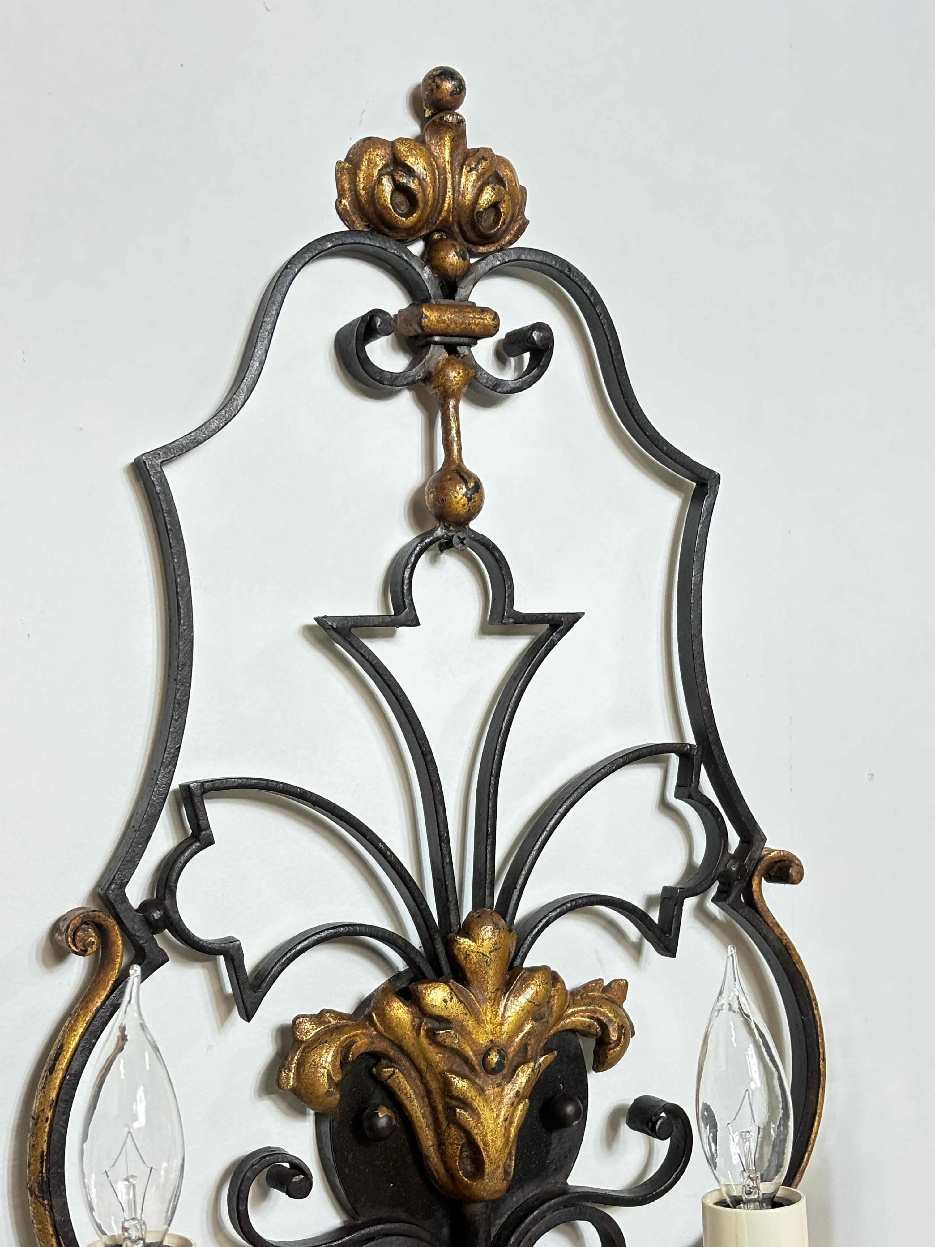 20th Century Large Pair of Mediterranean Style Wrought Iron Sconces For Sale