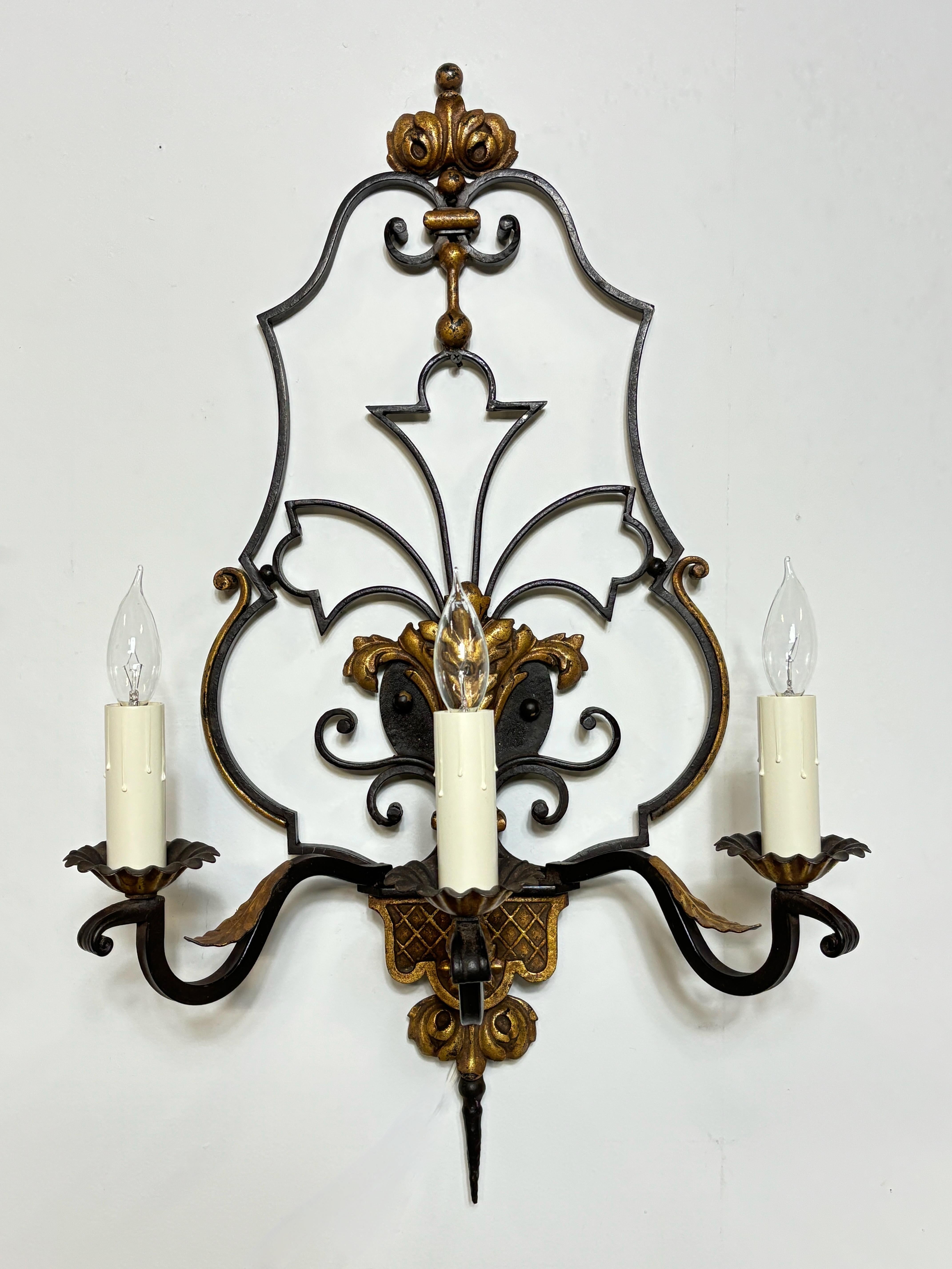 Large Pair of Mediterranean Style Wrought Iron Sconces For Sale 1