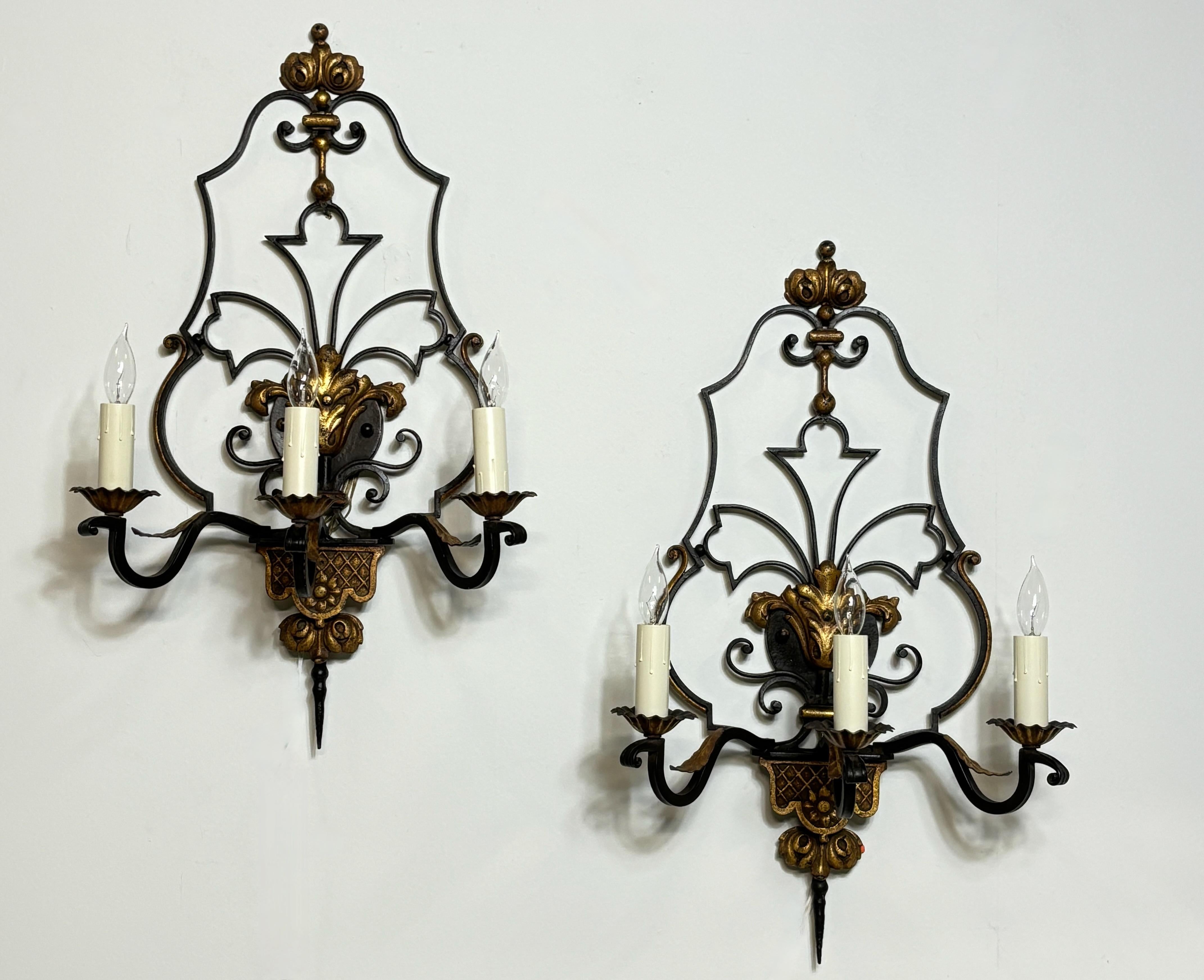 Large Pair of Mediterranean Style Wrought Iron Sconces For Sale 2