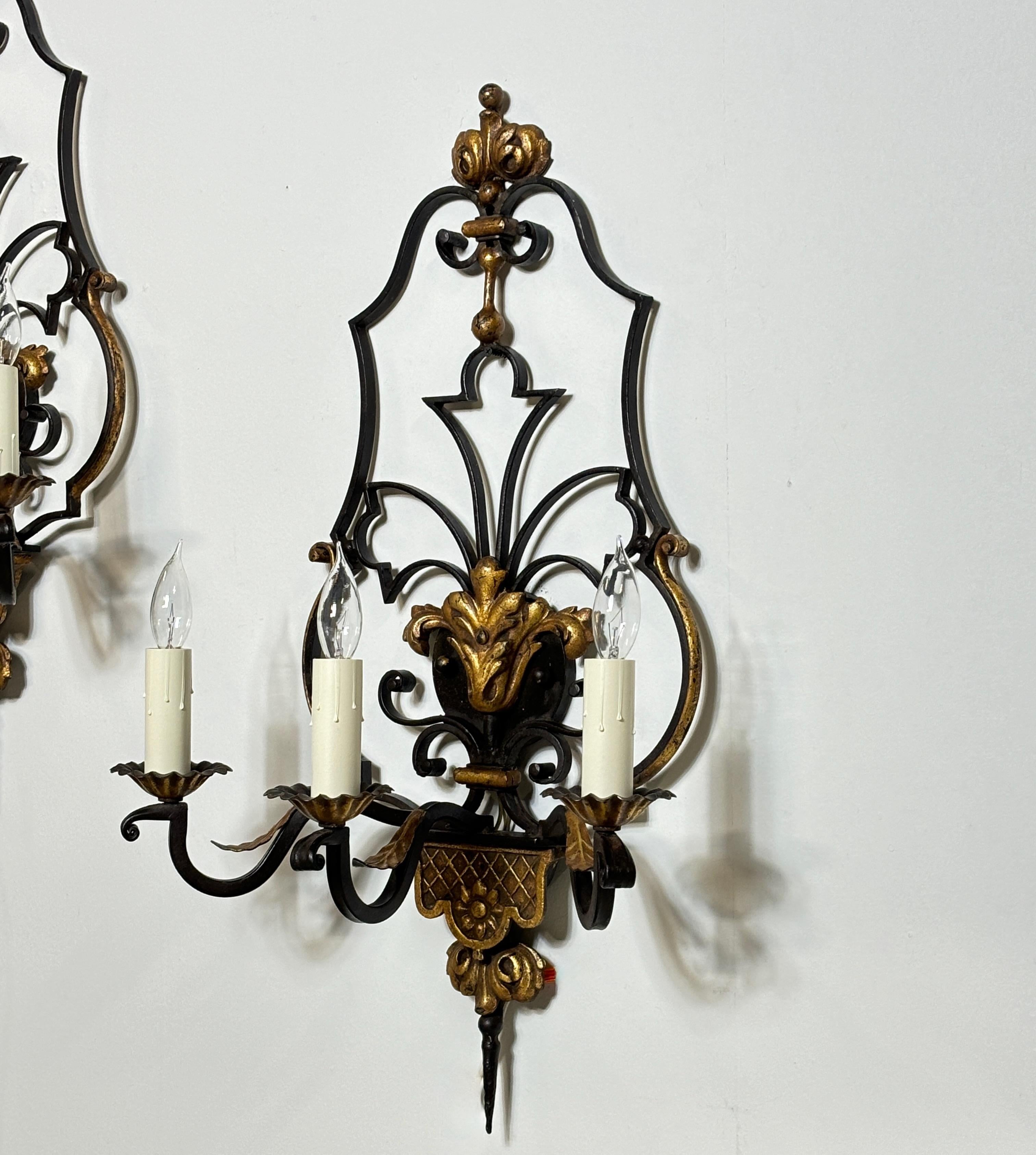 Large Pair of Mediterranean Style Wrought Iron Sconces For Sale 3