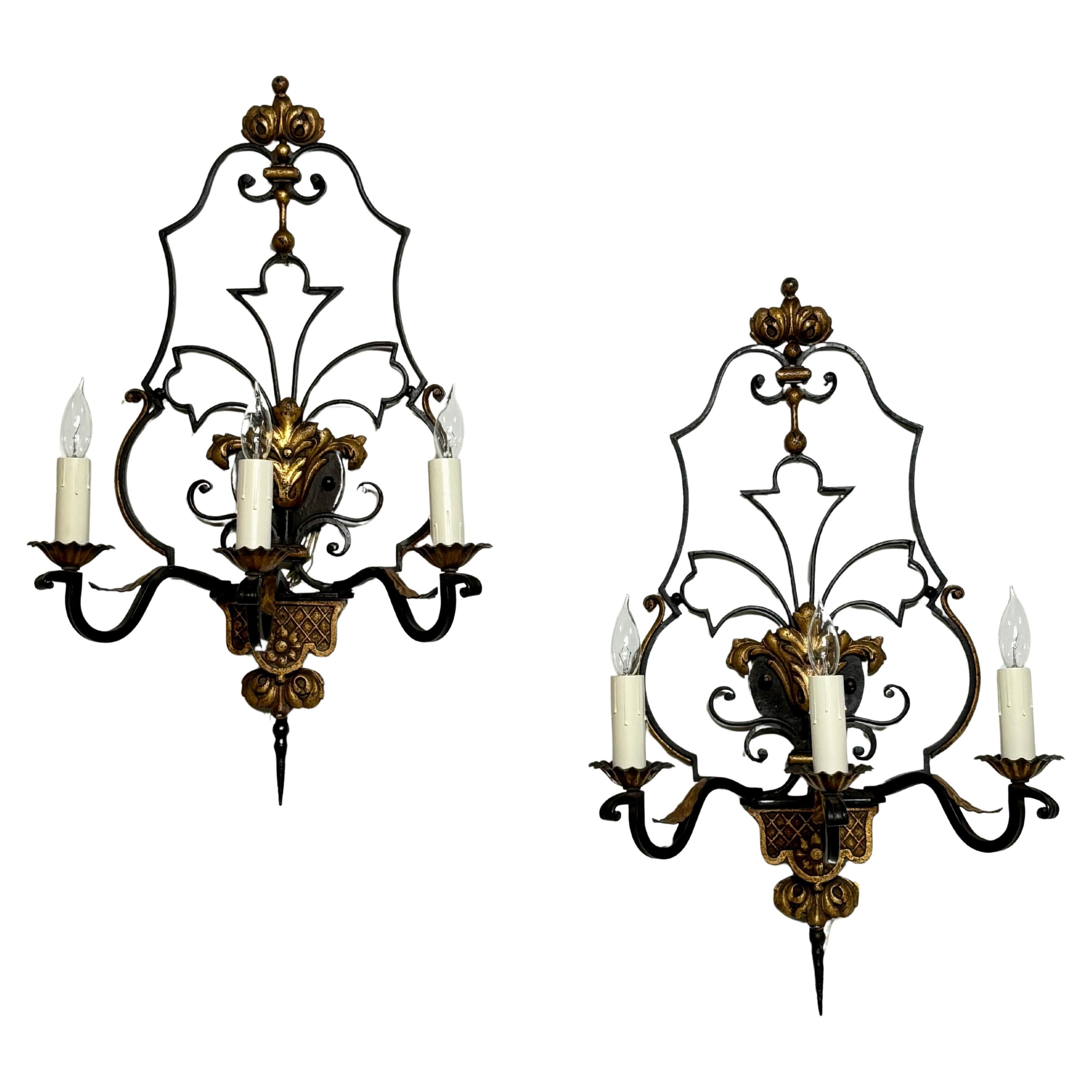 Large Pair of Mediterranean Style Wrought Iron Sconces