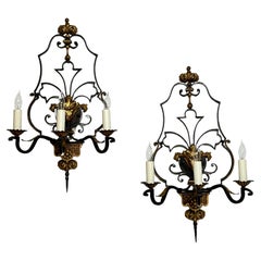 Large Pair of Mediterranean Style Wrought Iron Sconces