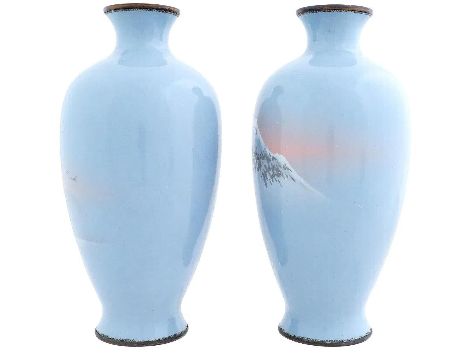 Cloissoné Large Pair Of Meiji Japanese Cloisonne Enamel Wireless Vases Mt Fuji Sun Set For Sale