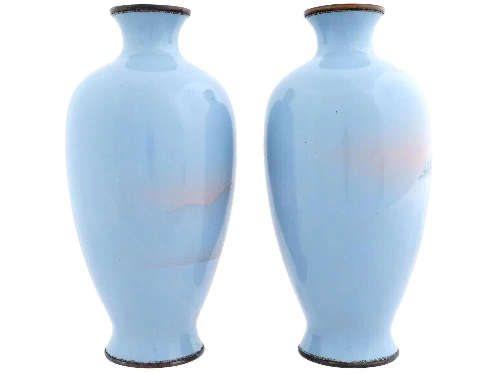 19th Century Large Pair Of Meiji Japanese Cloisonne Enamel Wireless Vases Mt Fuji Sun Set For Sale