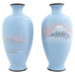 Large Pair Of Meiji Japanese Cloisonne Enamel Wireless Vases Mt Fuji Sun Set