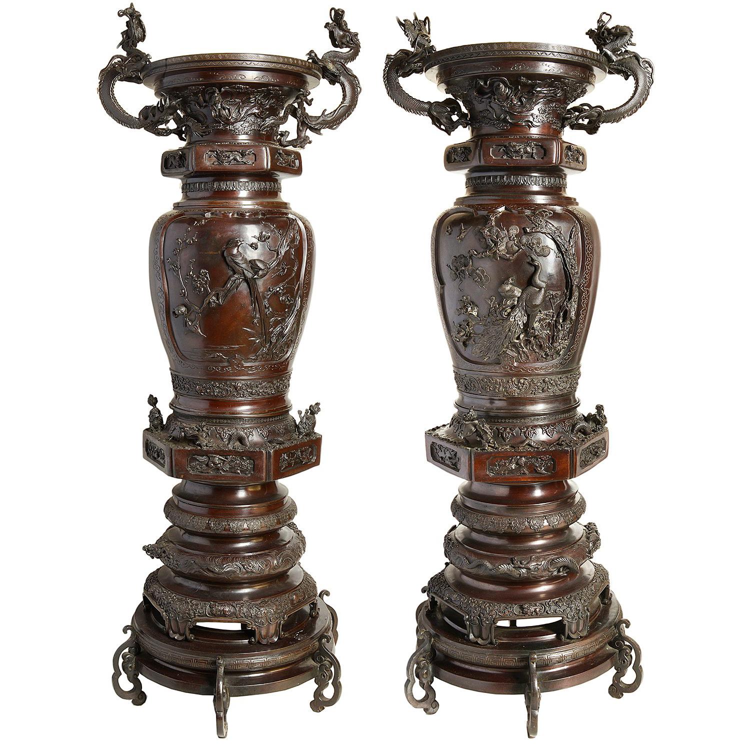 Large Pair of Meiji Period Japanese Bronze Vases For Sale