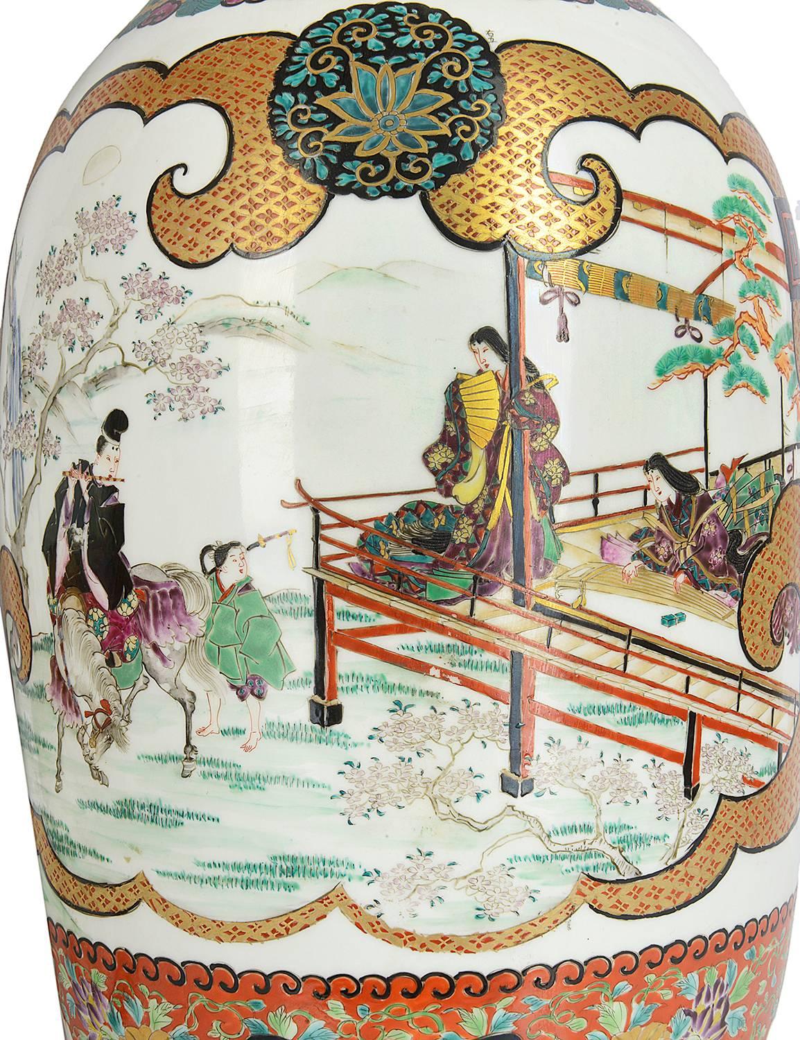 A very impressive and decorative pair of 19th century (Meiji period 1868-1912) Japanese Satsuma flared neck vases. Each with wonderful gilded and hand-painted decoration. Depicting out door scenes of people on horse back, with boats and mountains in