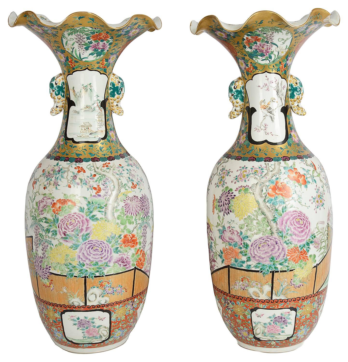 Hand-Painted Large Pair of Meiji Period Satsuma Vases For Sale