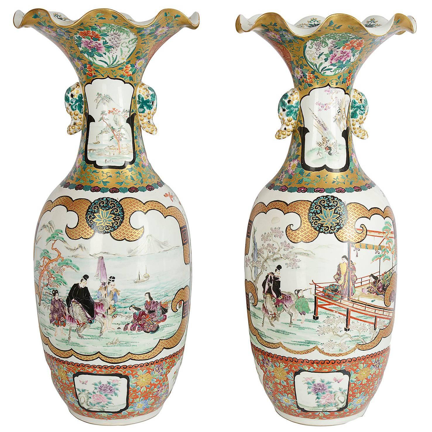 Large Pair of Meiji Period Satsuma Vases For Sale