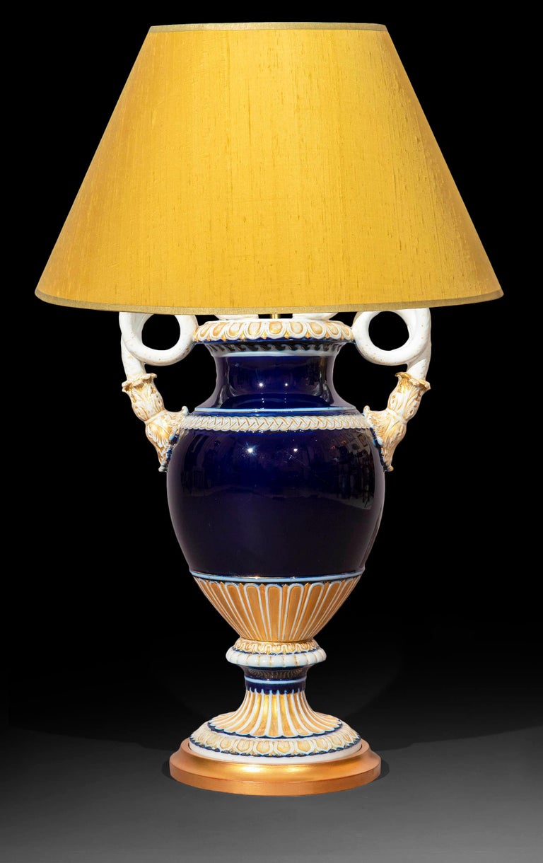 Large Pair of Meissen Cobalt Blue Porcelain Vase Lamps, 19th Century