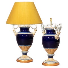 Large Pair of Meissen Cobalt Blue Porcelain Vase Lamps, 19th Century