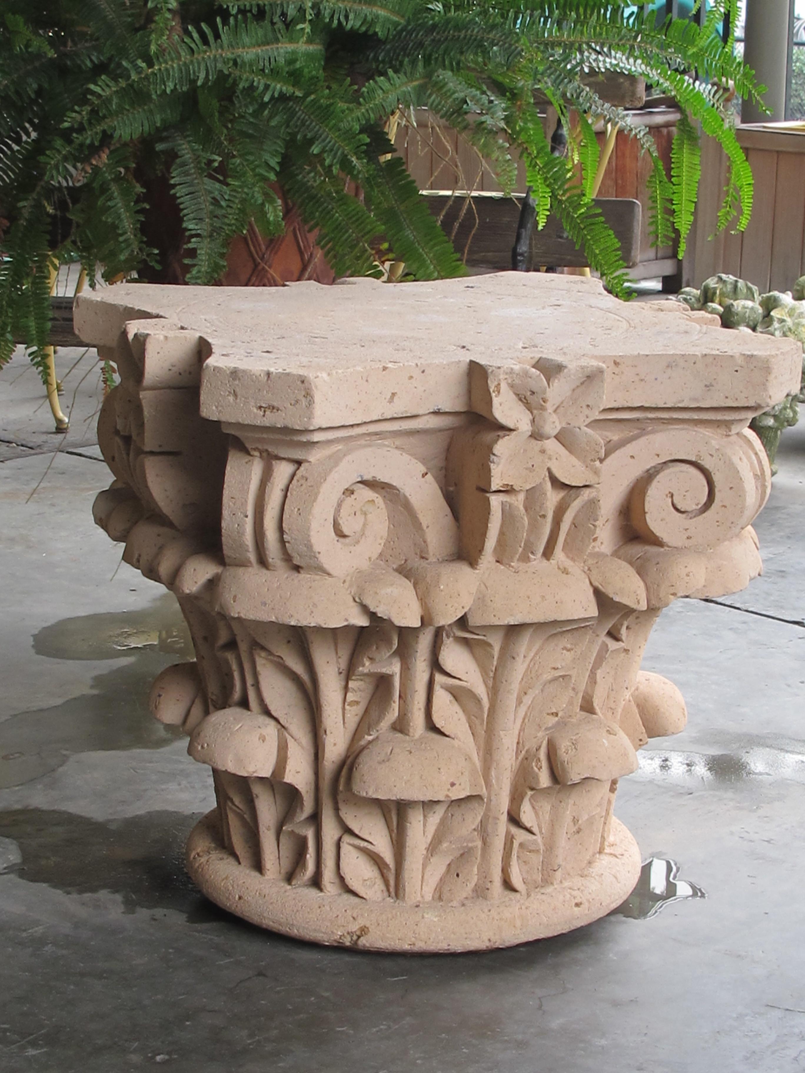 Each handcrafted capital carved from quarried cantera stone, a strong but malleable volcanic ash stone.