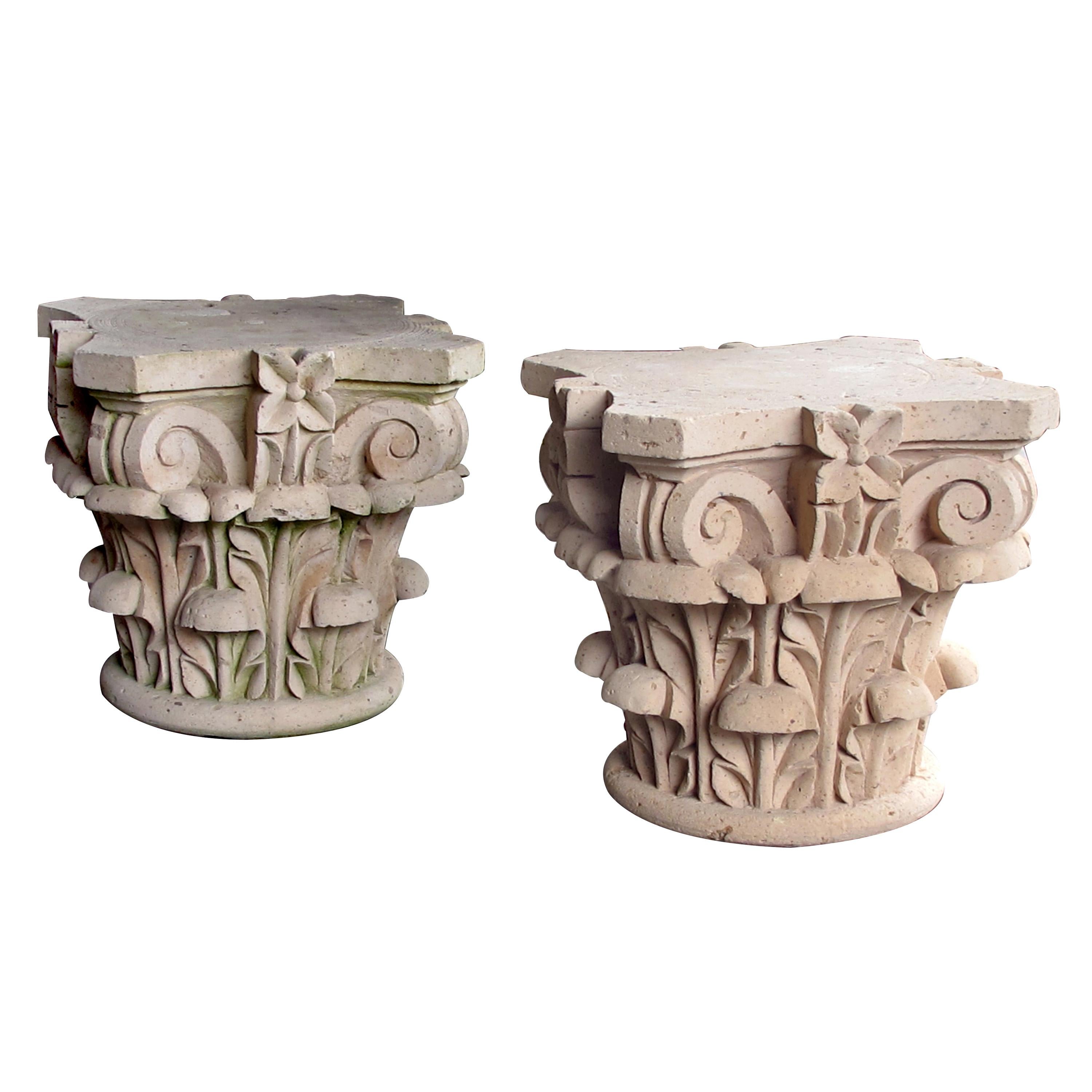 Large Pair of Mexican Hand Carved Cantera Stone Corinthian Capitals