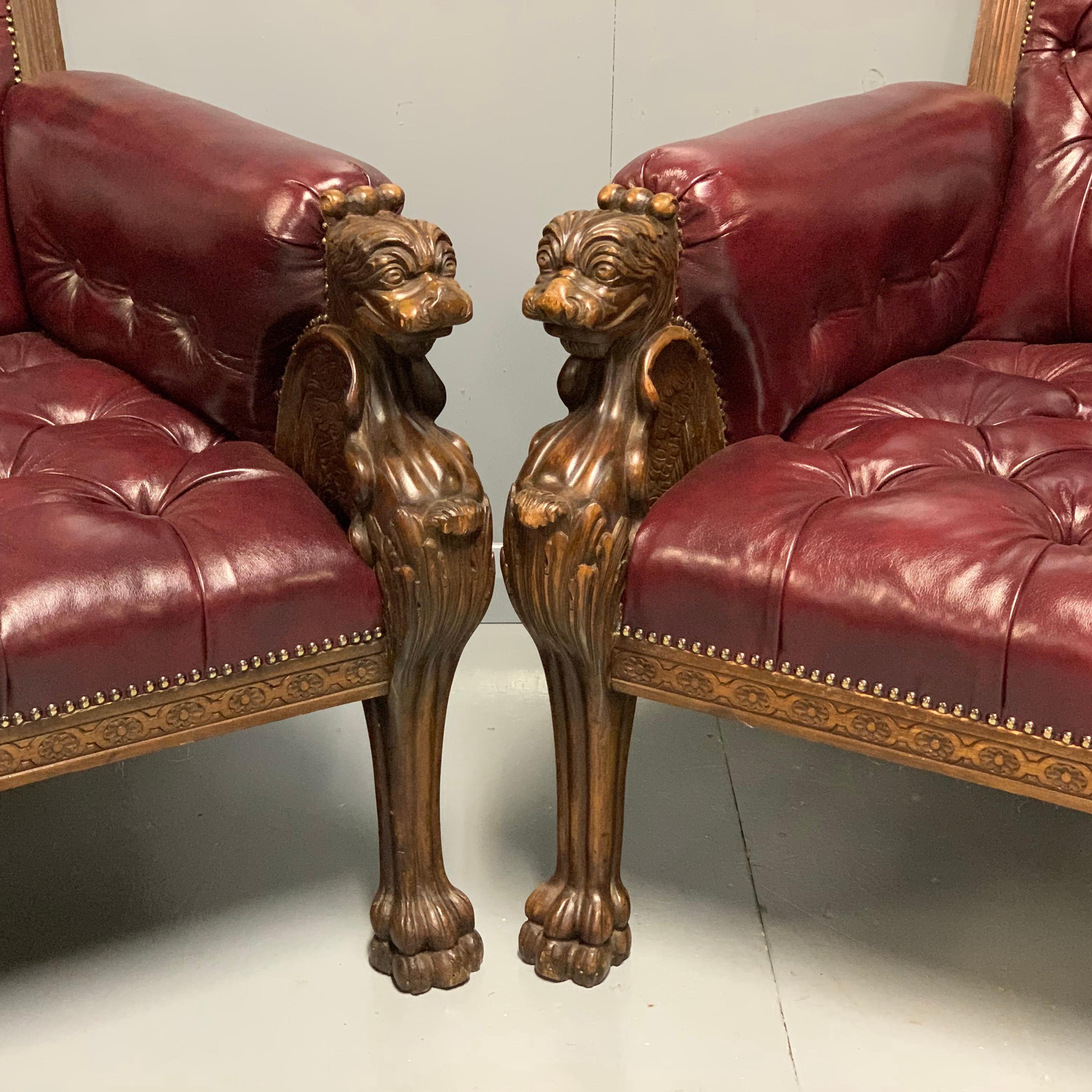 Large Pair of Mid-19th Century European Buttoned Leather Armchairs with Griffins For Sale 4