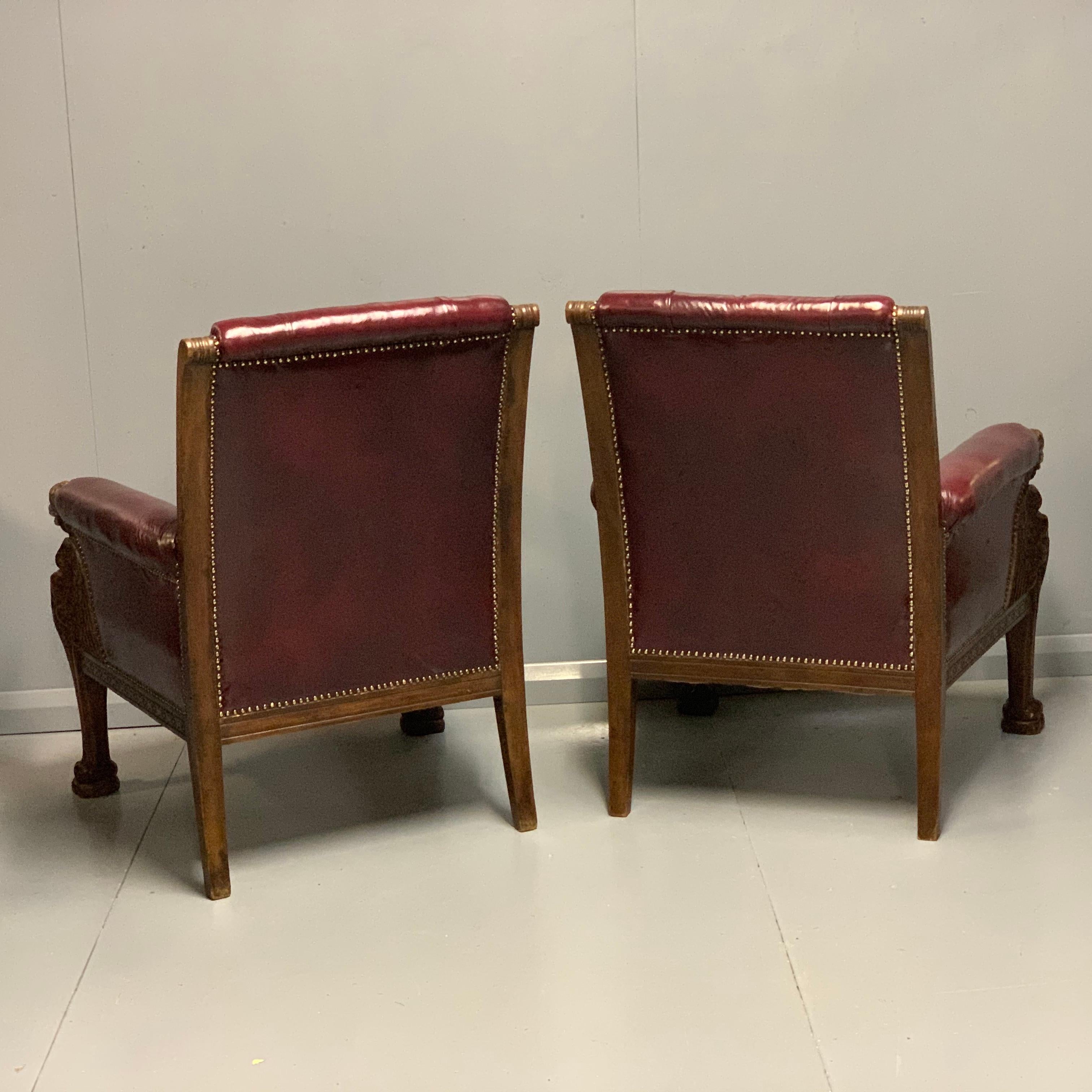 Large Pair of Mid-19th Century European Buttoned Leather Armchairs with Griffins For Sale 5