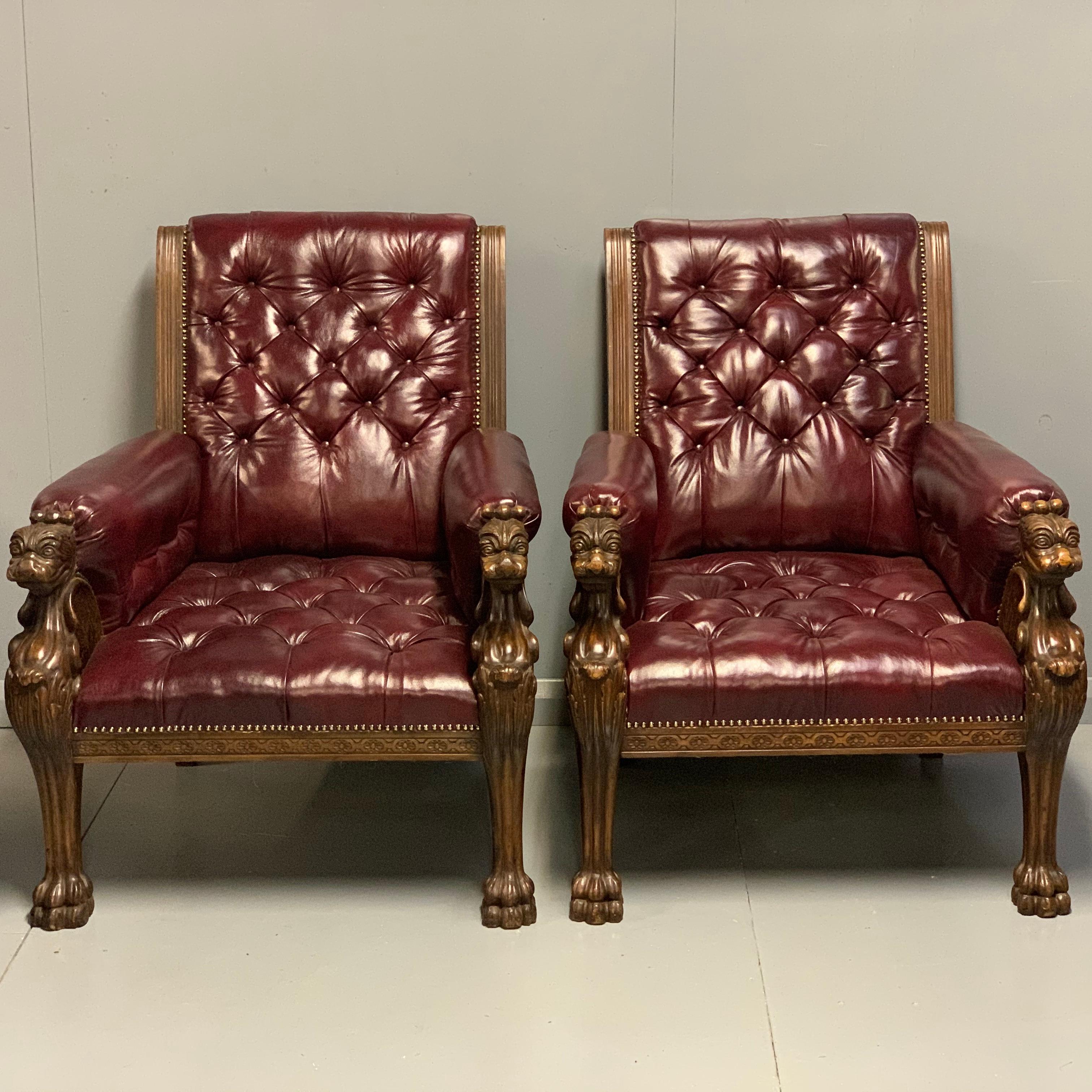 Other Large Pair of Mid-19th Century European Buttoned Leather Armchairs with Griffins For Sale
